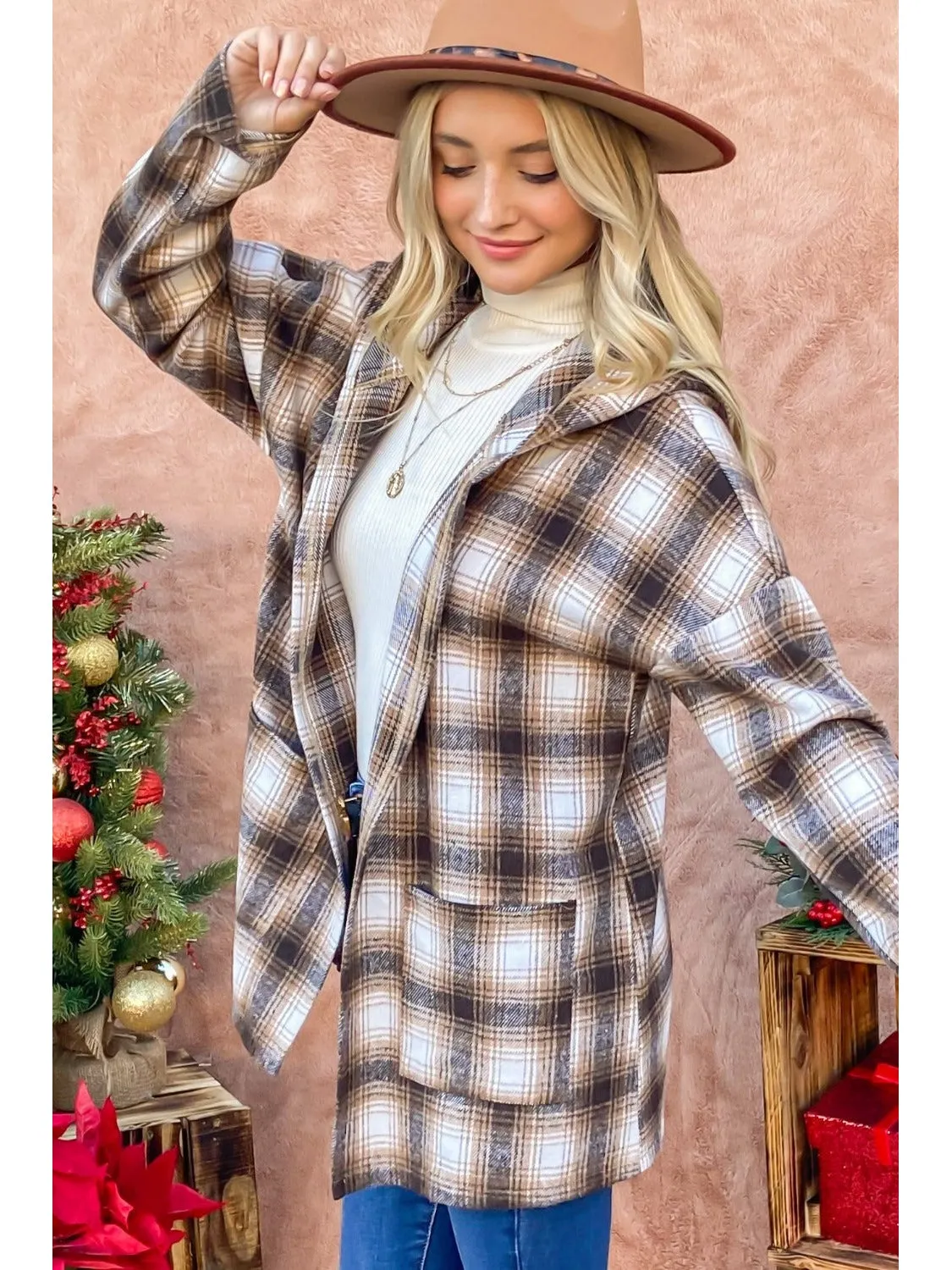 NicholesGifts Women And The Why Plaid Open Front Hooded Shacket