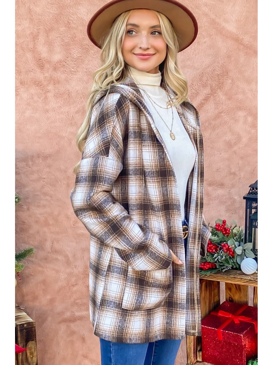 NicholesGifts Women And The Why Plaid Open Front Hooded Shacket