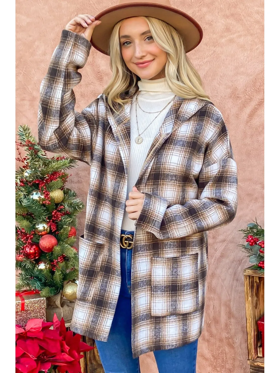 NicholesGifts Women And The Why Plaid Open Front Hooded Shacket