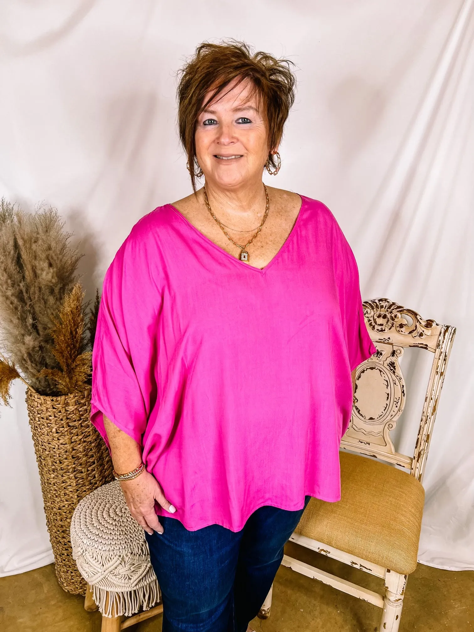 No Rules V Neck Poncho Top in Fuchsia Pink