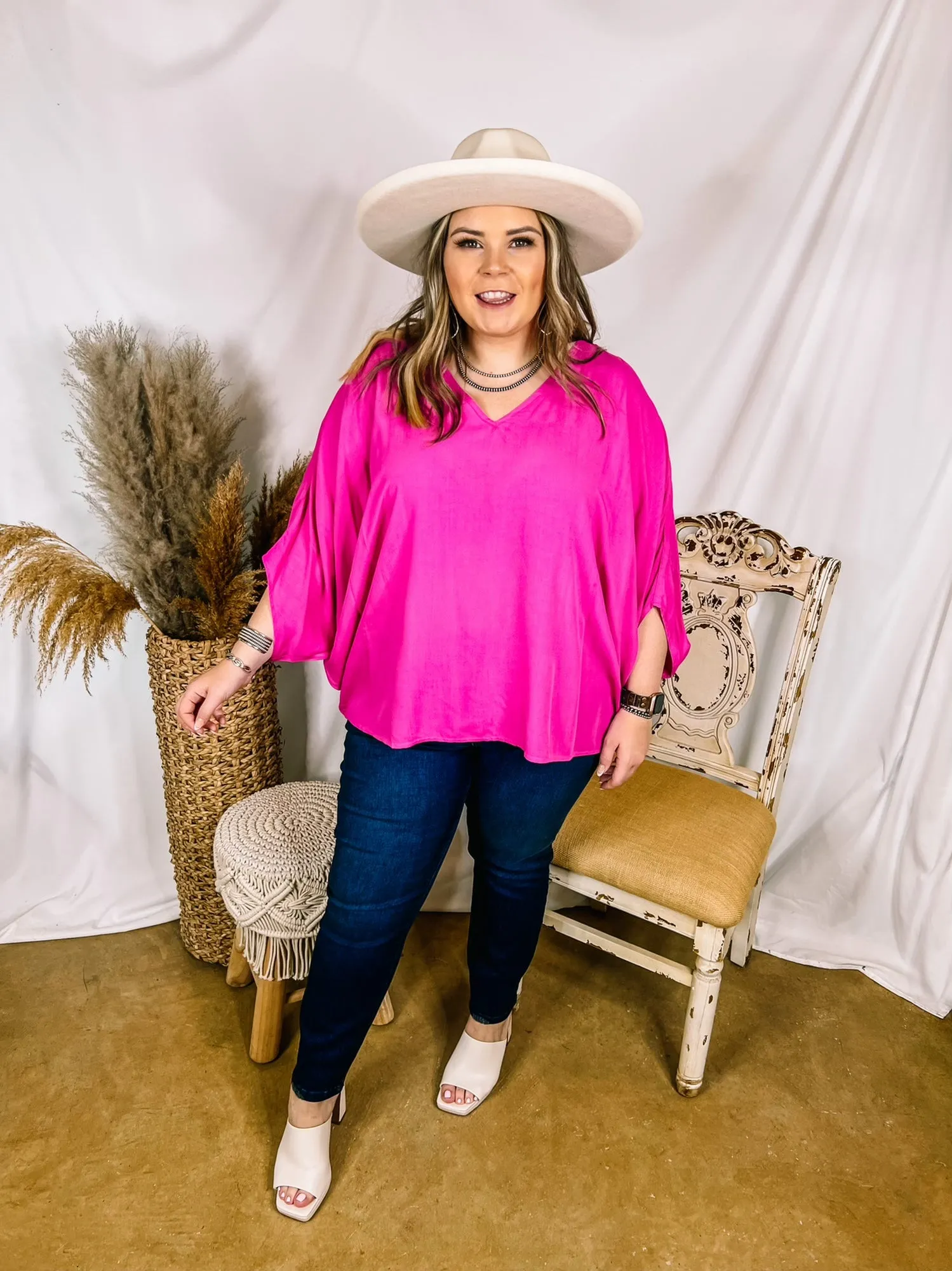 No Rules V Neck Poncho Top in Fuchsia Pink