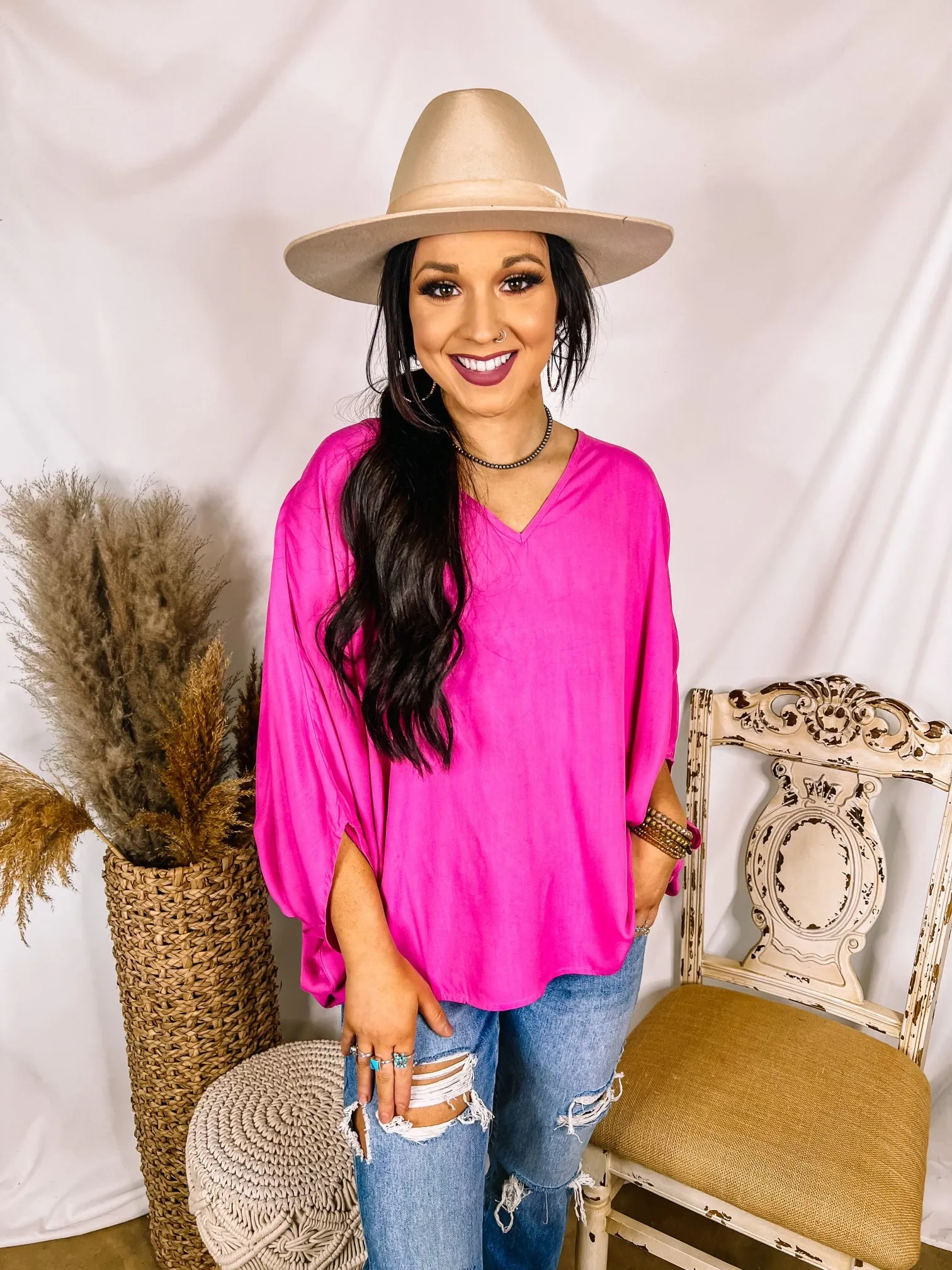 No Rules V Neck Poncho Top in Fuchsia Pink