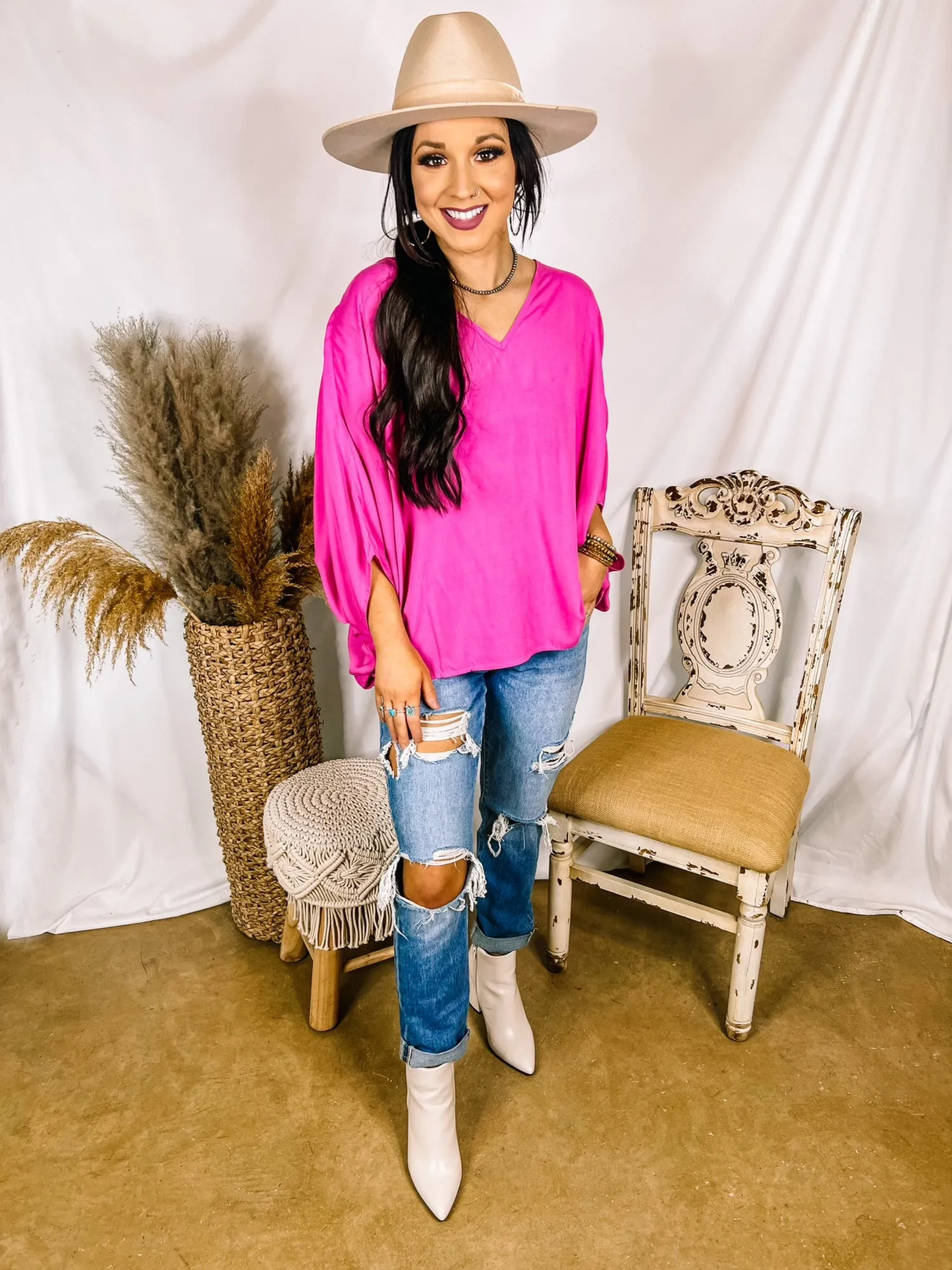 No Rules V Neck Poncho Top in Fuchsia Pink