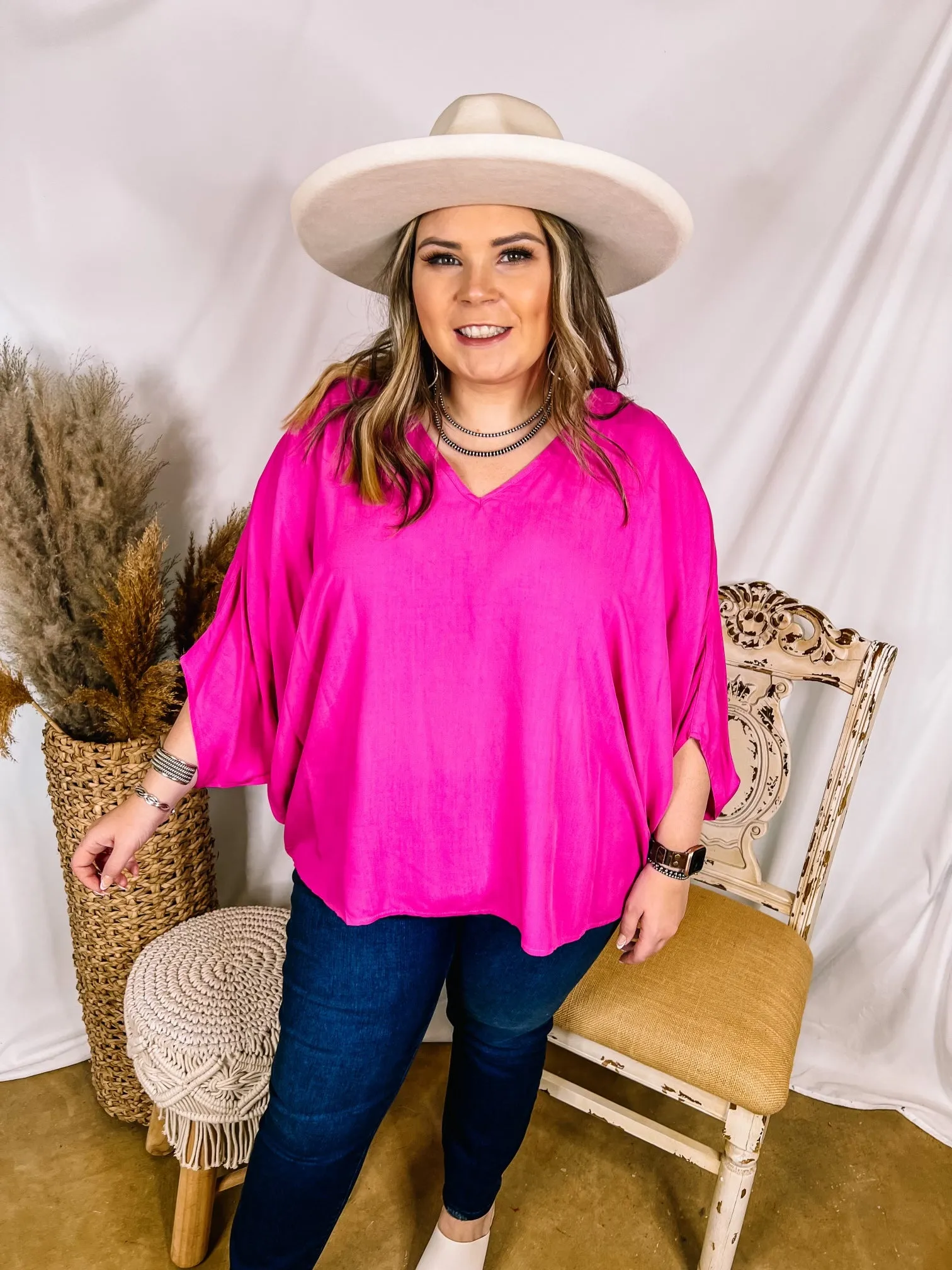 No Rules V Neck Poncho Top in Fuchsia Pink