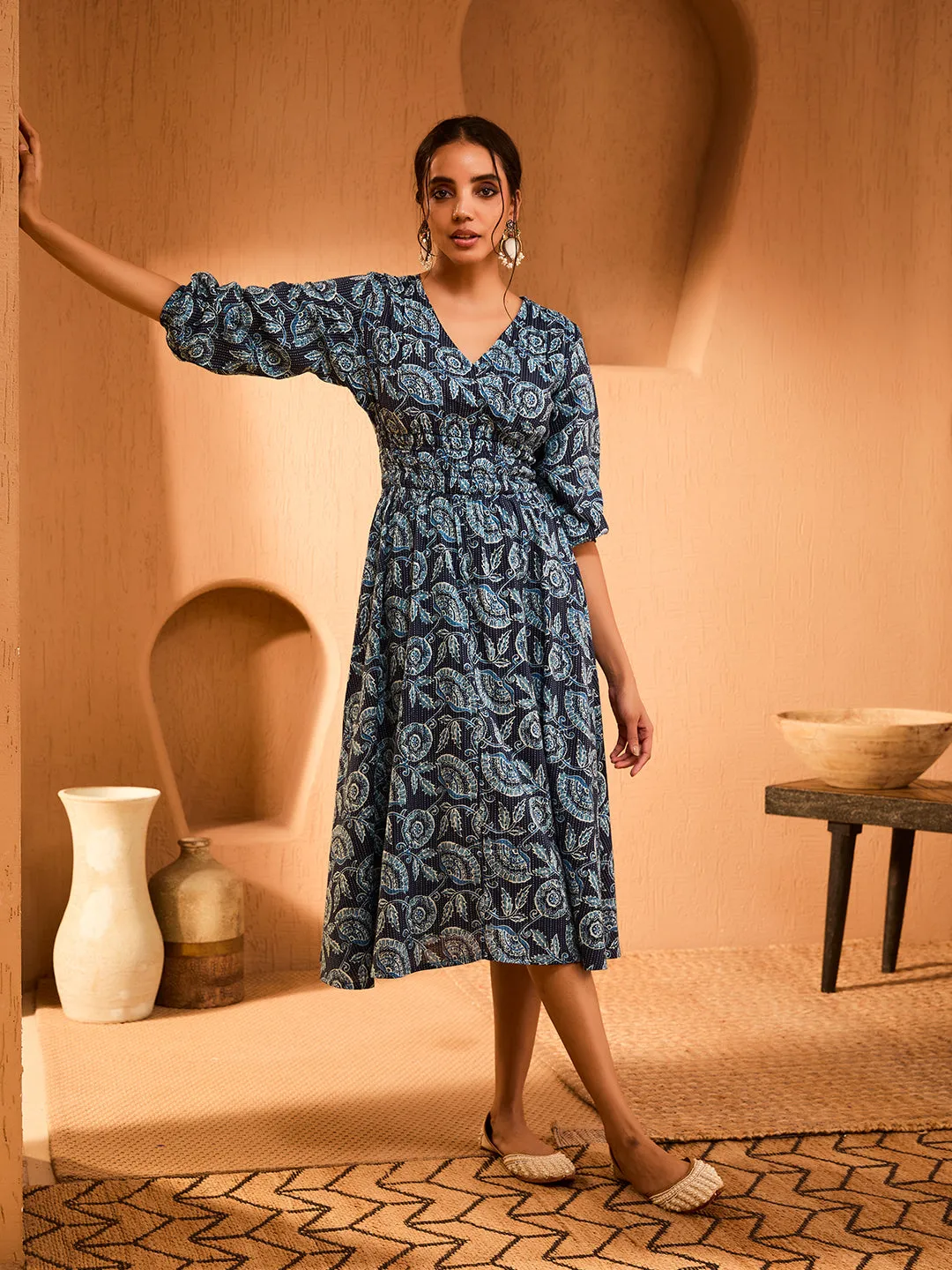 Nysha Printed Motifs Navy Blue Dress