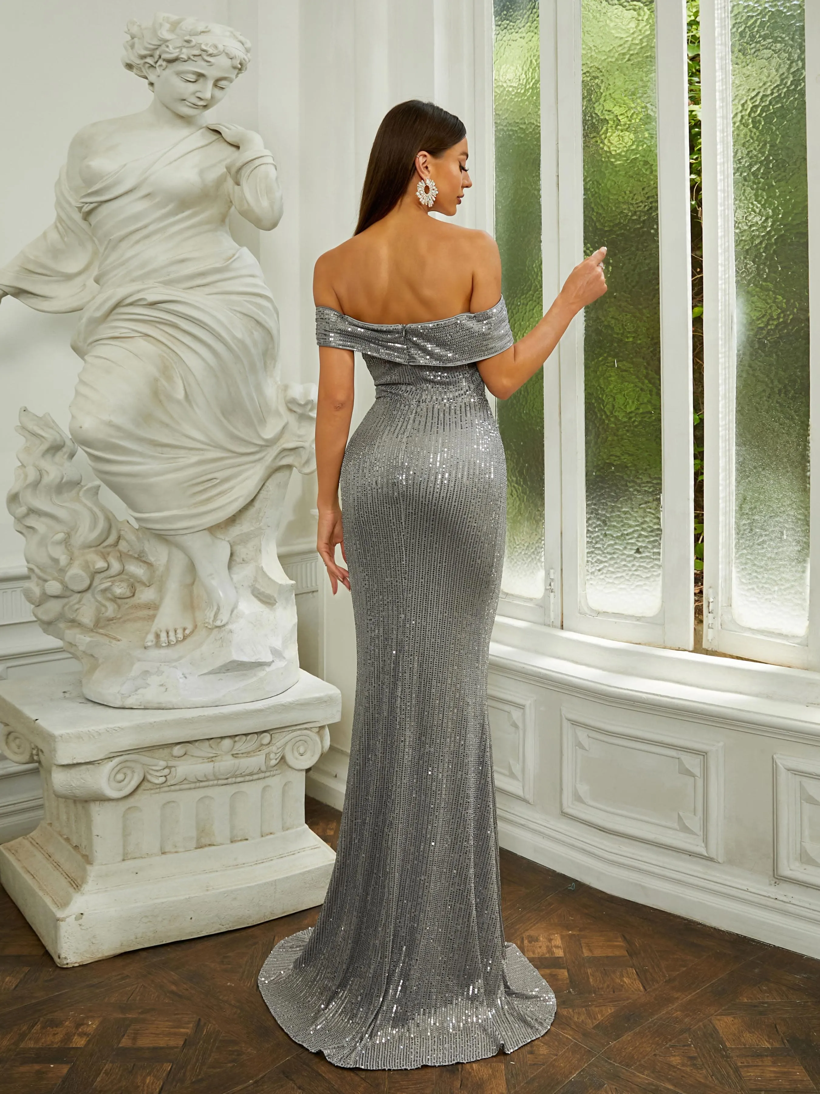 Off Shoulder Backless Sequin A-line Grey Prom Dress RM20657