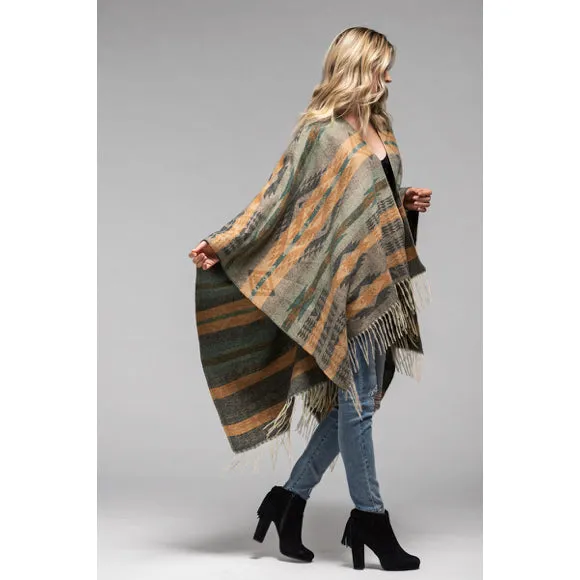 Olive Woven Aztec Pattern Ruana Open Poncho Knit Wrap w/ Fringe