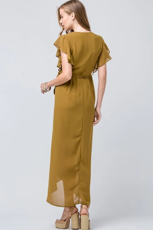 Olive wrap maxi dress featuring flutter sleeves