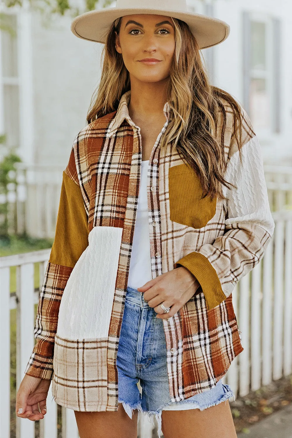 Orange Plaid Color Block Patchwork Pocket Shirt Shacket