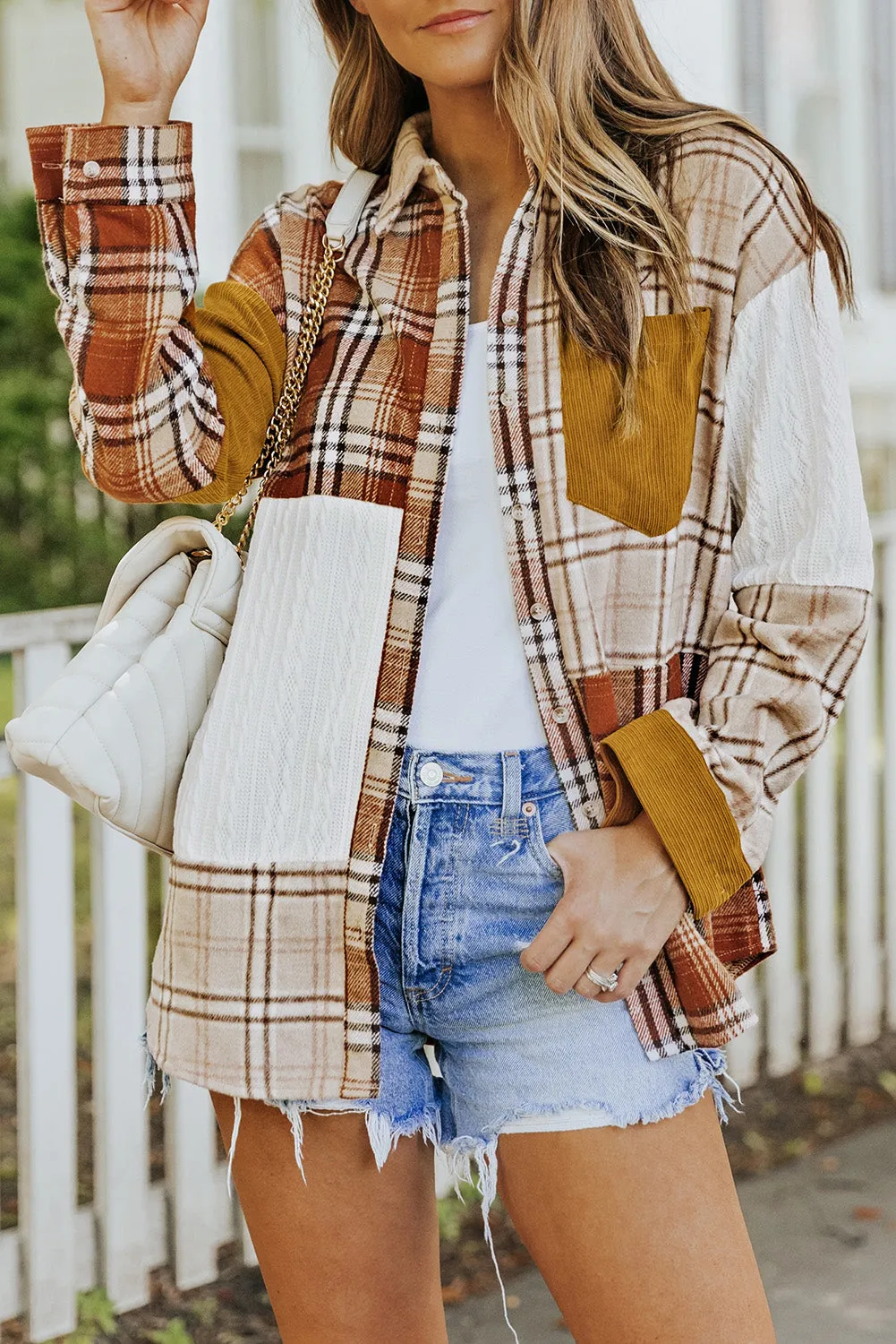 Orange Plaid Color Block Patchwork Pocket Shirt Shacket