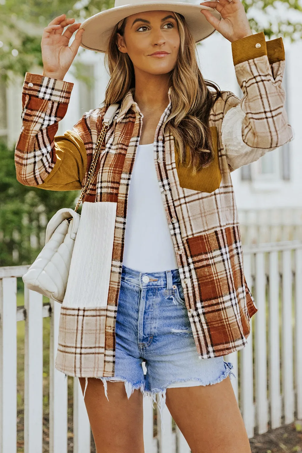 Orange Plaid Color Block Patchwork Pocket Shirt Shacket