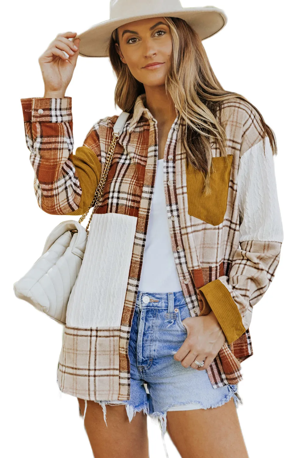 Orange Plaid Color Block Patchwork Pocket Shirt Shacket