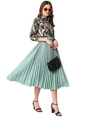 OTABU Women's Print 3/4 Sleeve Pleated Midi Dress with Belt (M, Mix Patti)