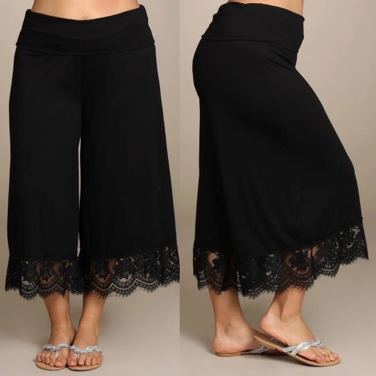 Pant Gaucho High Waist Lace Black Capri Wide Leg Bohemian Culottes