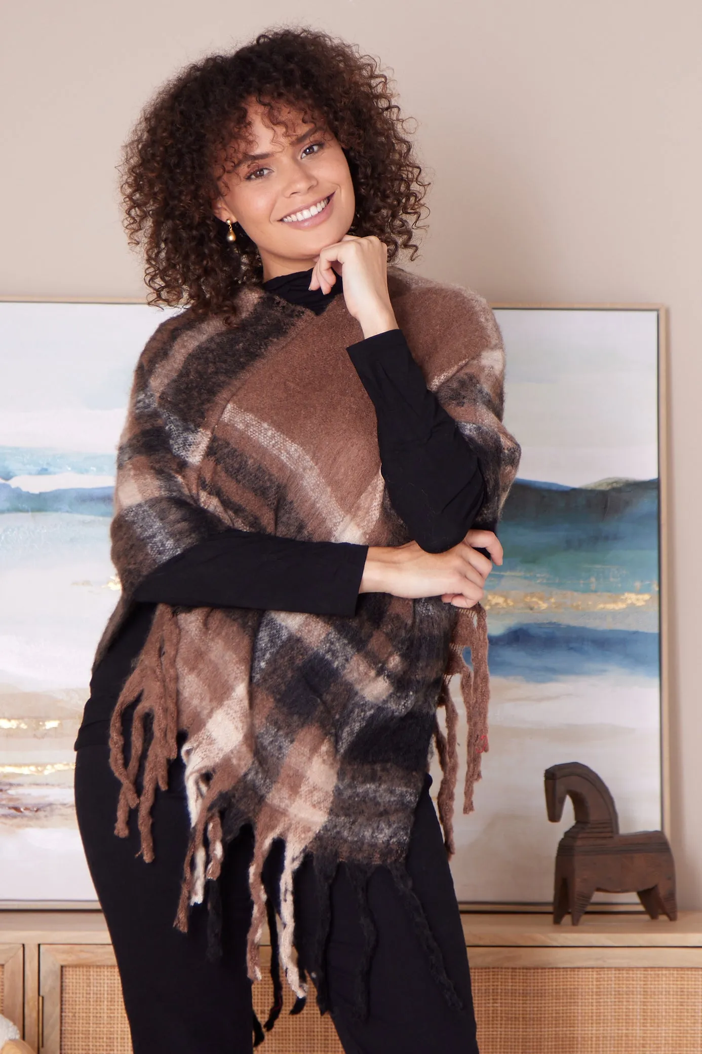 Payton Super Soft Poncho - Brown/Black