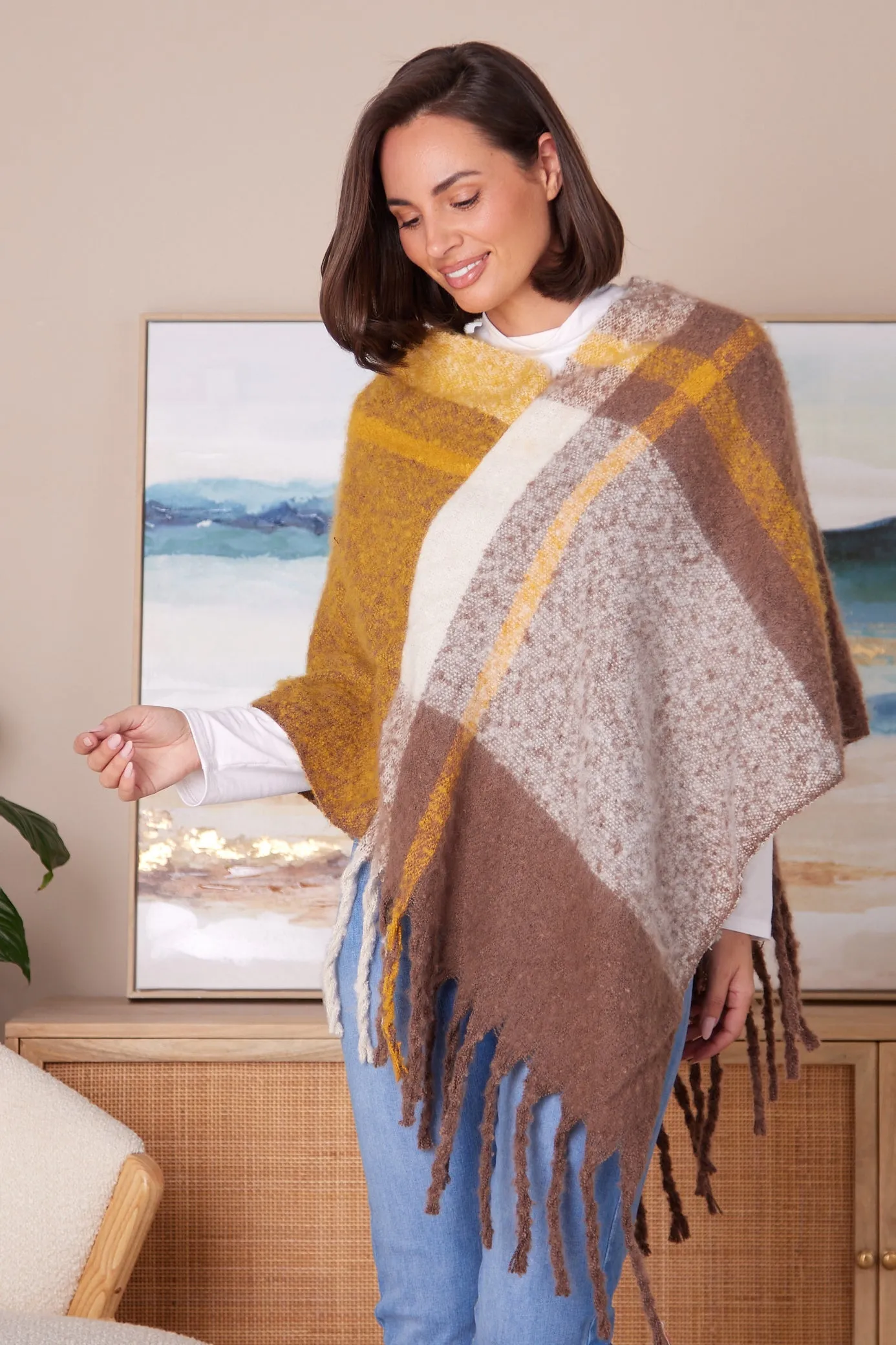 Payton Super Soft Poncho - Brown/Yellow