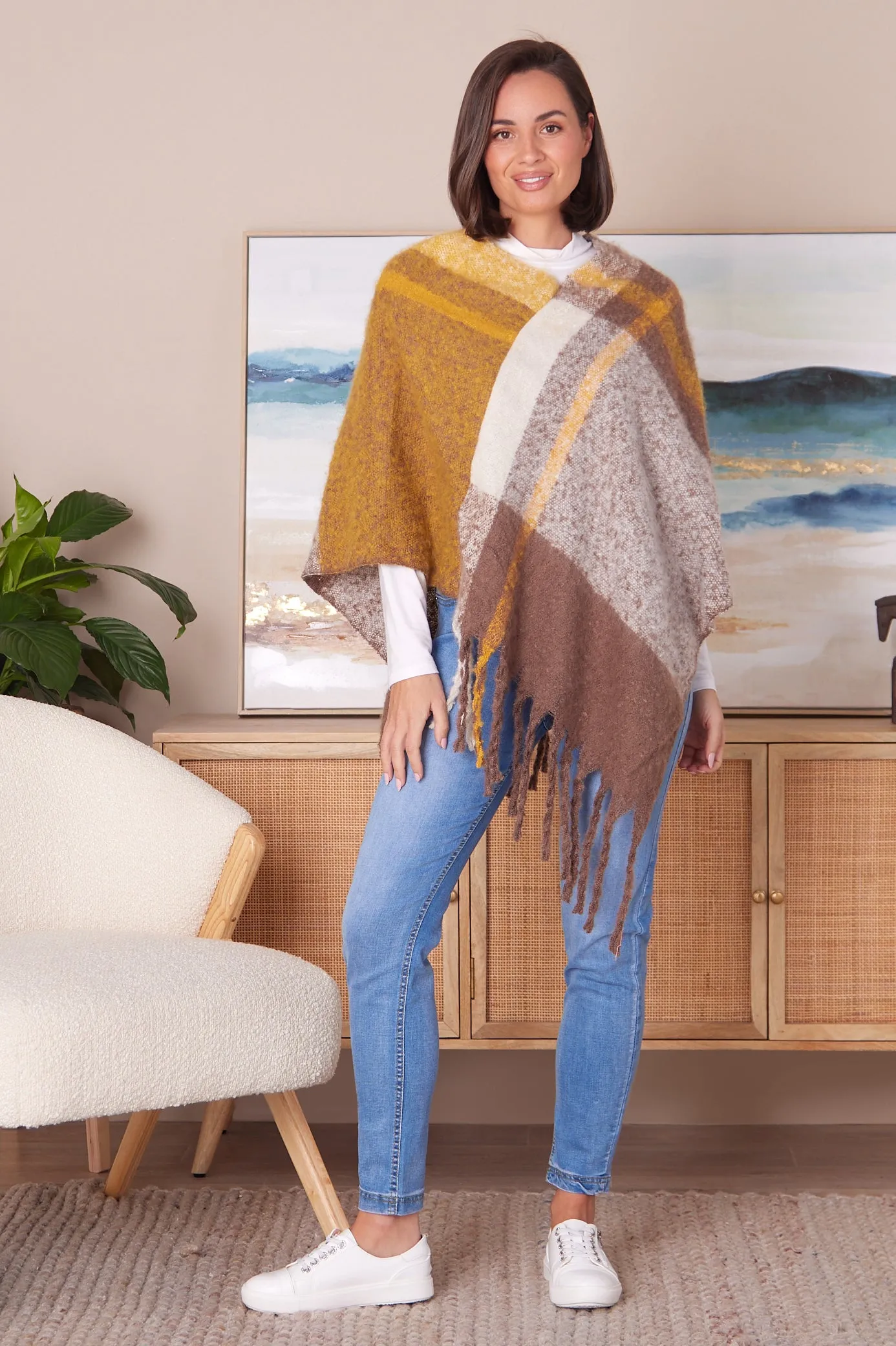 Payton Super Soft Poncho - Brown/Yellow