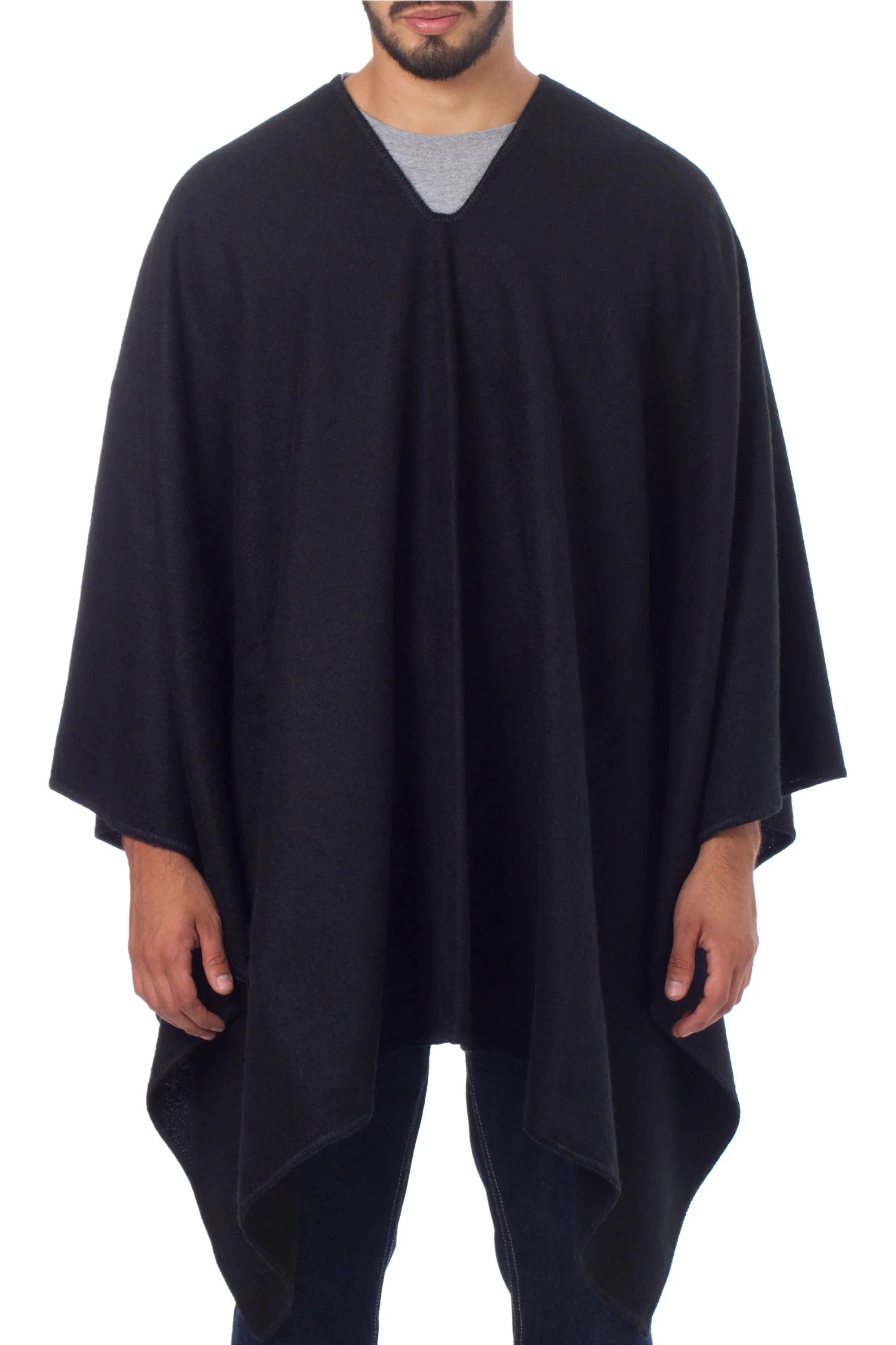 Peruvian Poncho for Men in Warm Alpaca Blend - Inca Explorer in Black | NOVICA