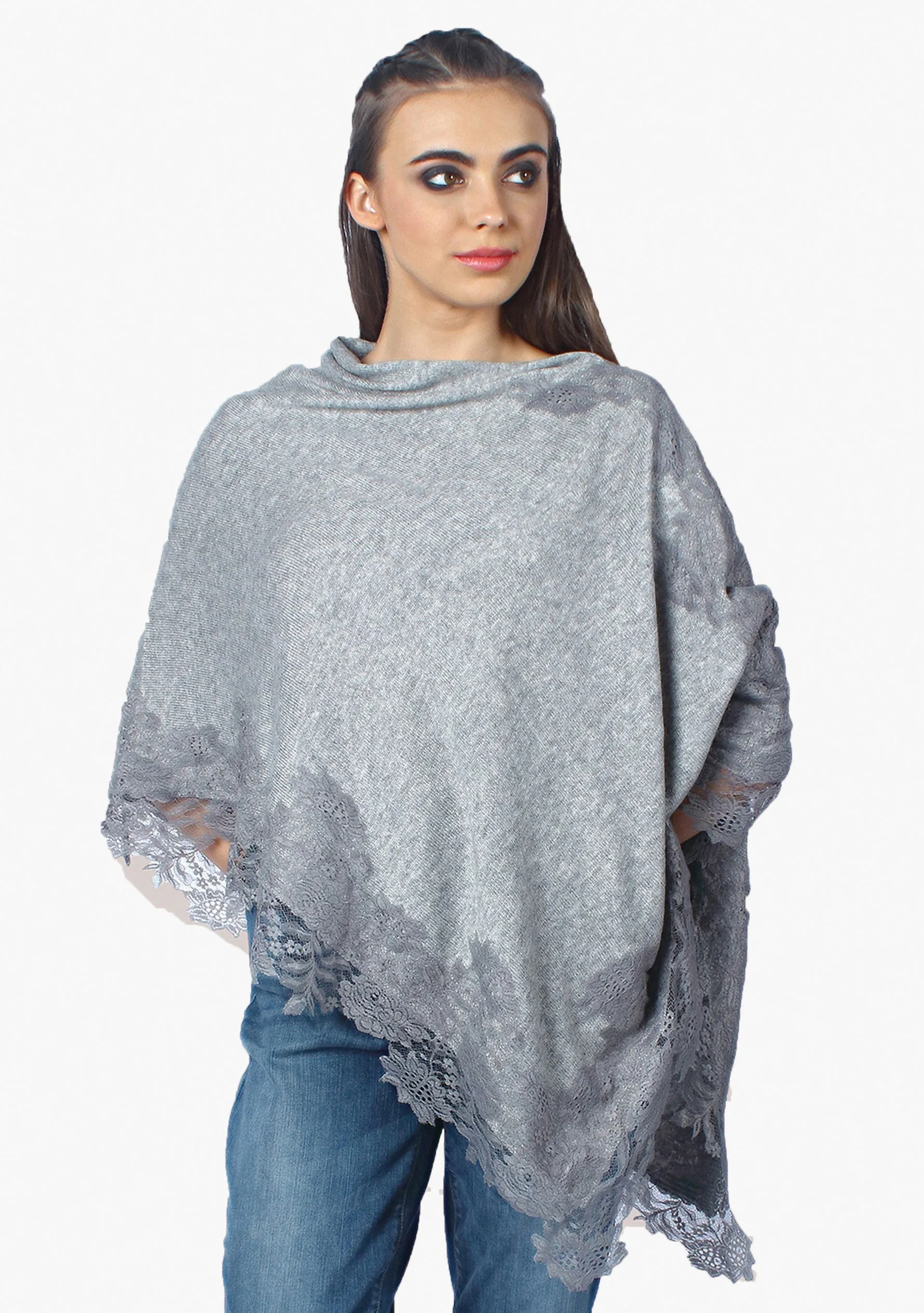 Petite Grey Melange Knitted Wool Poncho with Grey Floral Lace