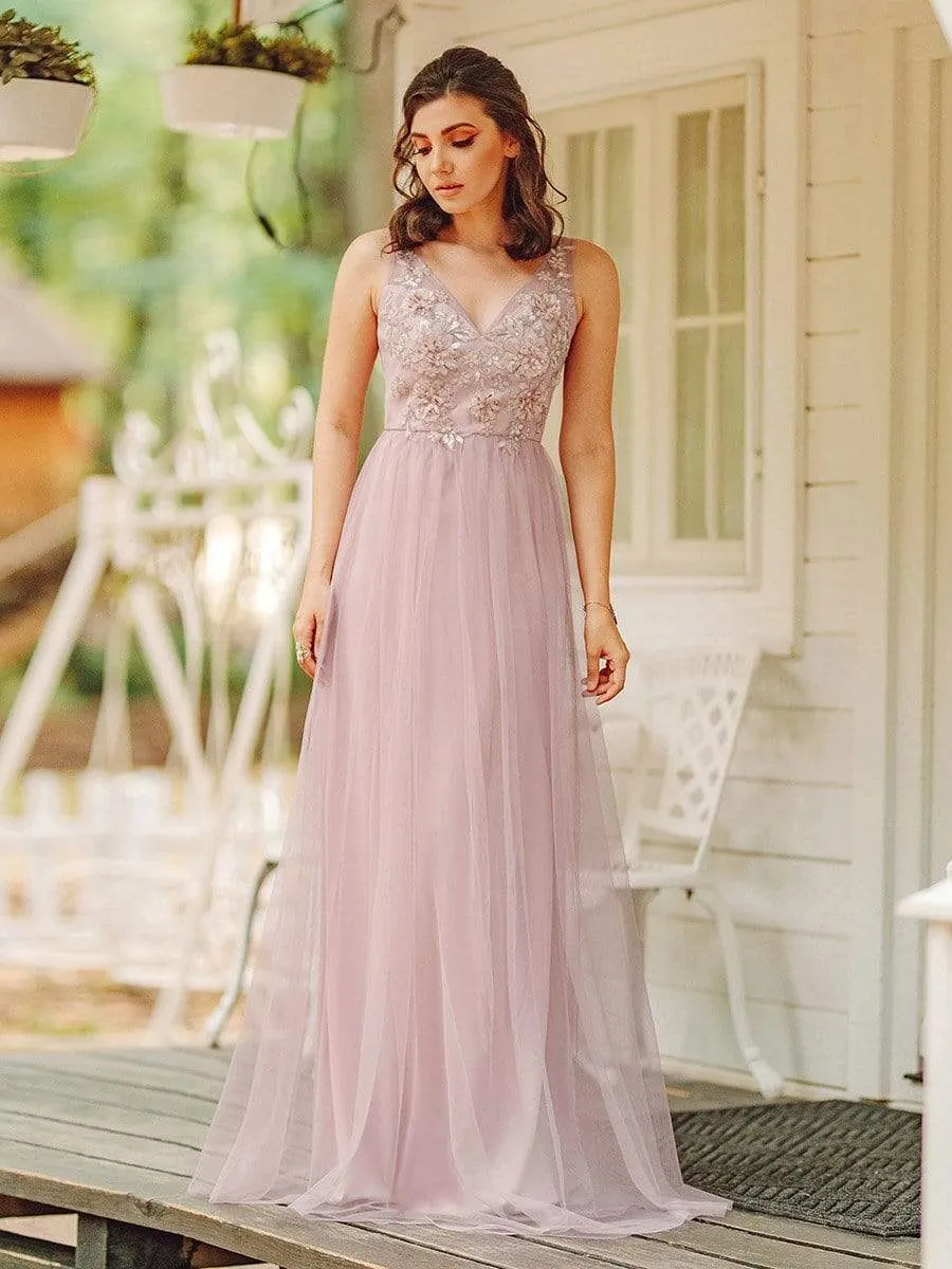 Pink Floral Applique V Neck Long Tulle Bridesmaid Dress