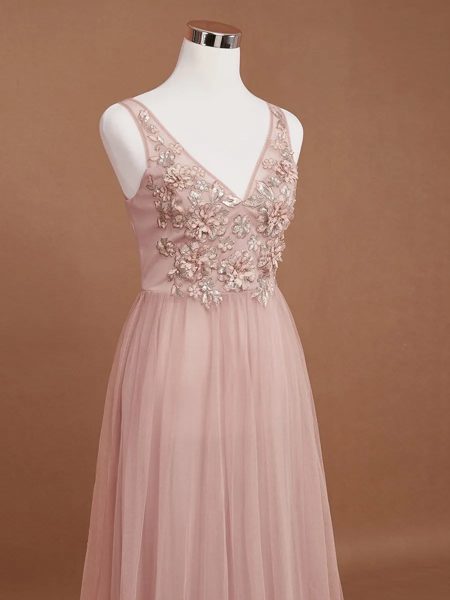 Pink Floral Applique V Neck Long Tulle Bridesmaid Dress