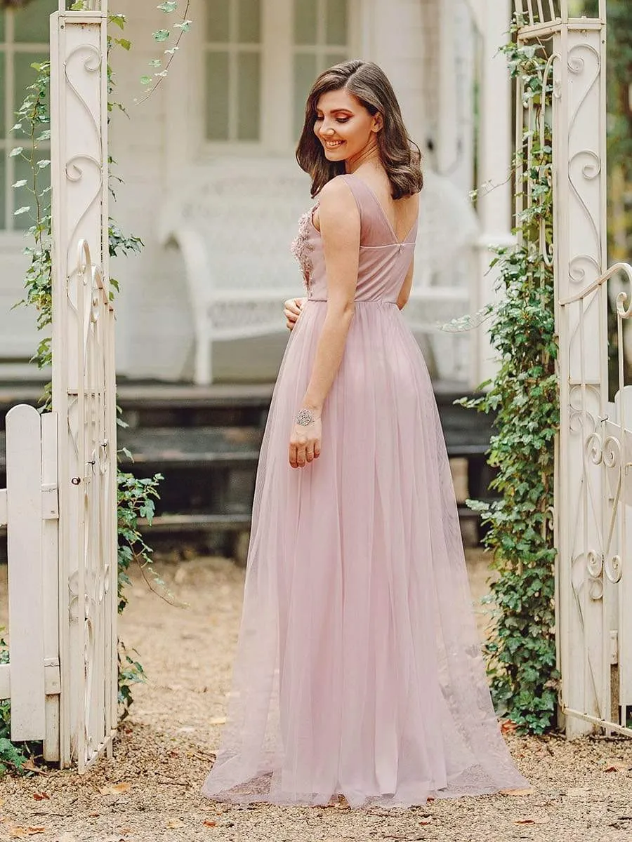 Pink Floral Applique V Neck Long Tulle Bridesmaid Dress