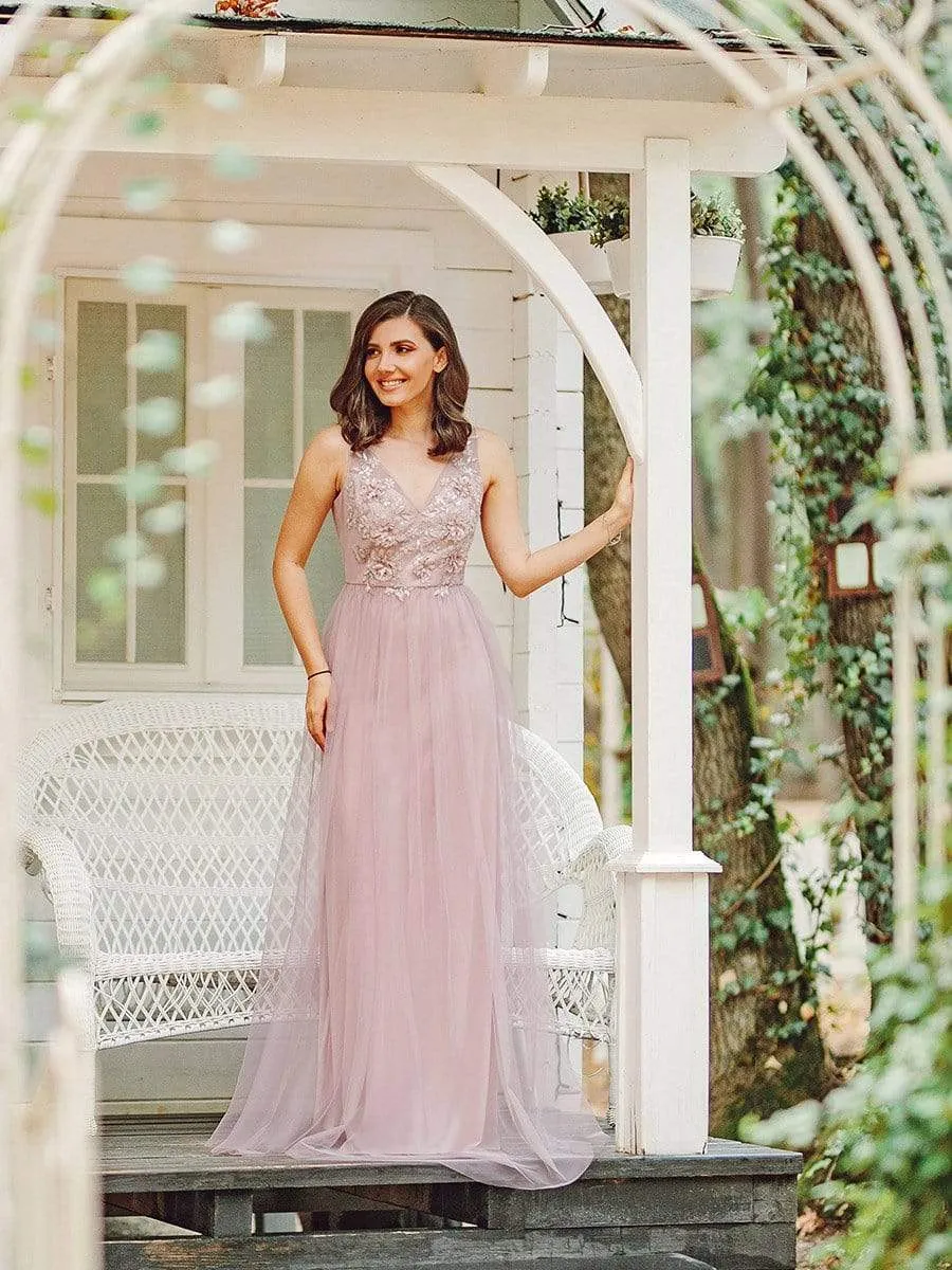 Pink Floral Applique V Neck Long Tulle Bridesmaid Dress