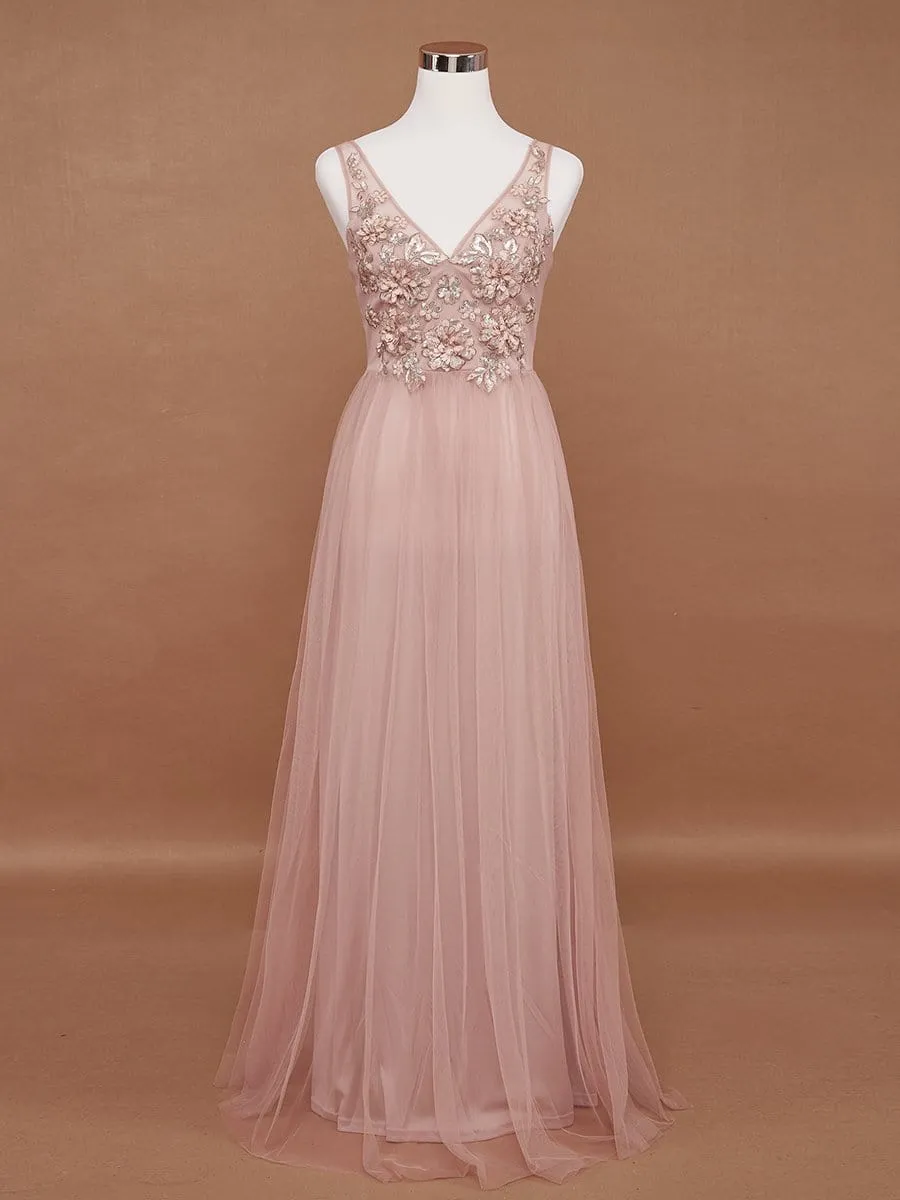 Pink Floral Applique V Neck Long Tulle Bridesmaid Dress