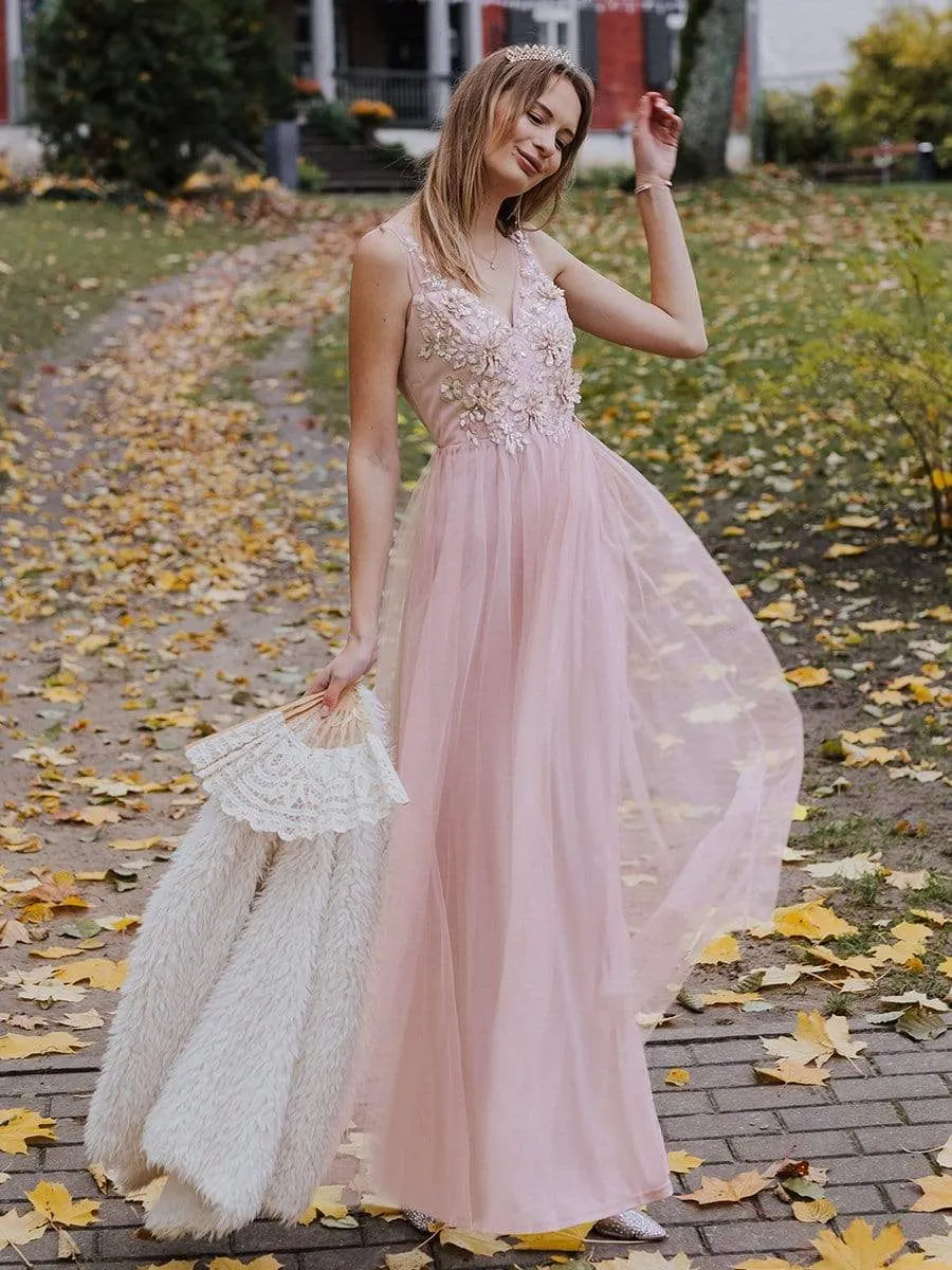 Pink Floral Applique V Neck Long Tulle Bridesmaid Dress