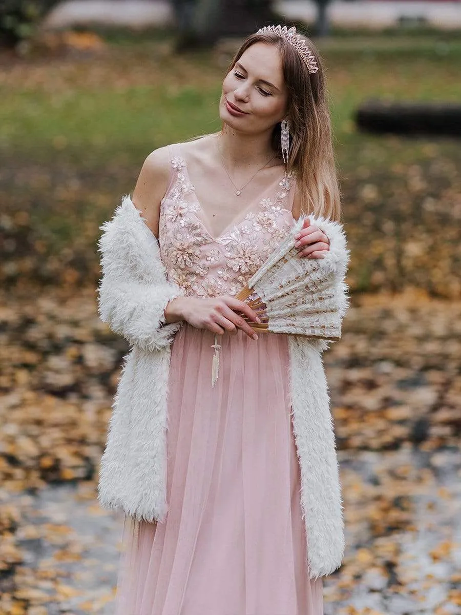 Pink Floral Applique V Neck Long Tulle Bridesmaid Dress