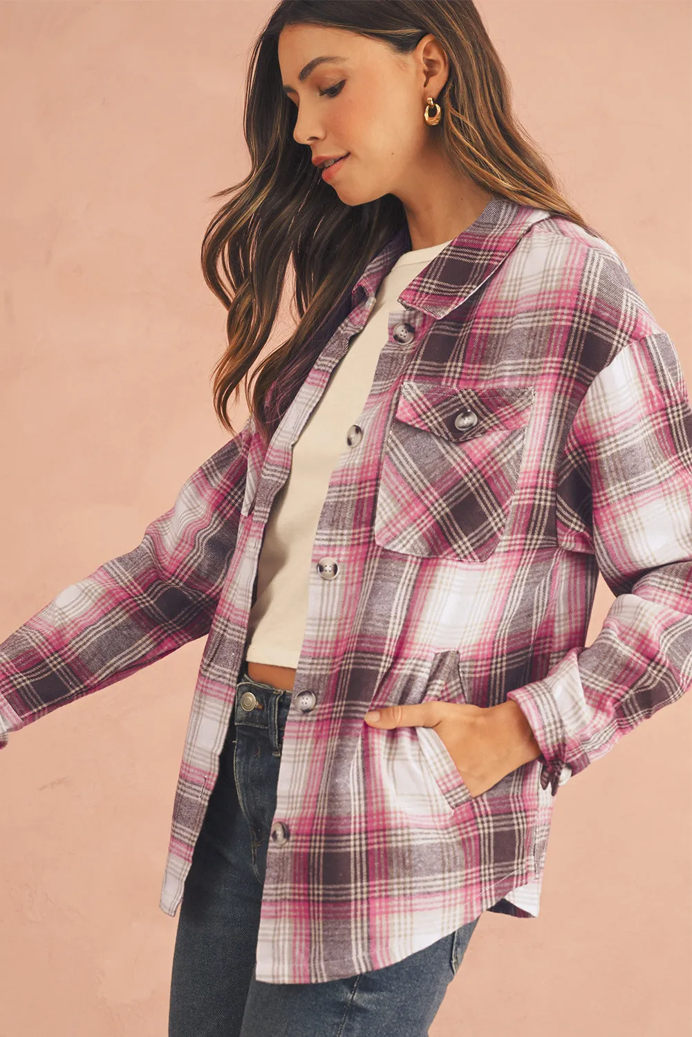 Pink Plaid Flap Pocket Button Up Shacket