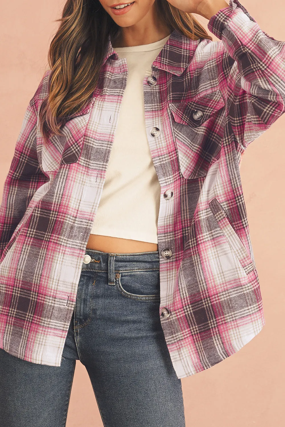 Pink Plaid Flap Pocket Button Up Shacket