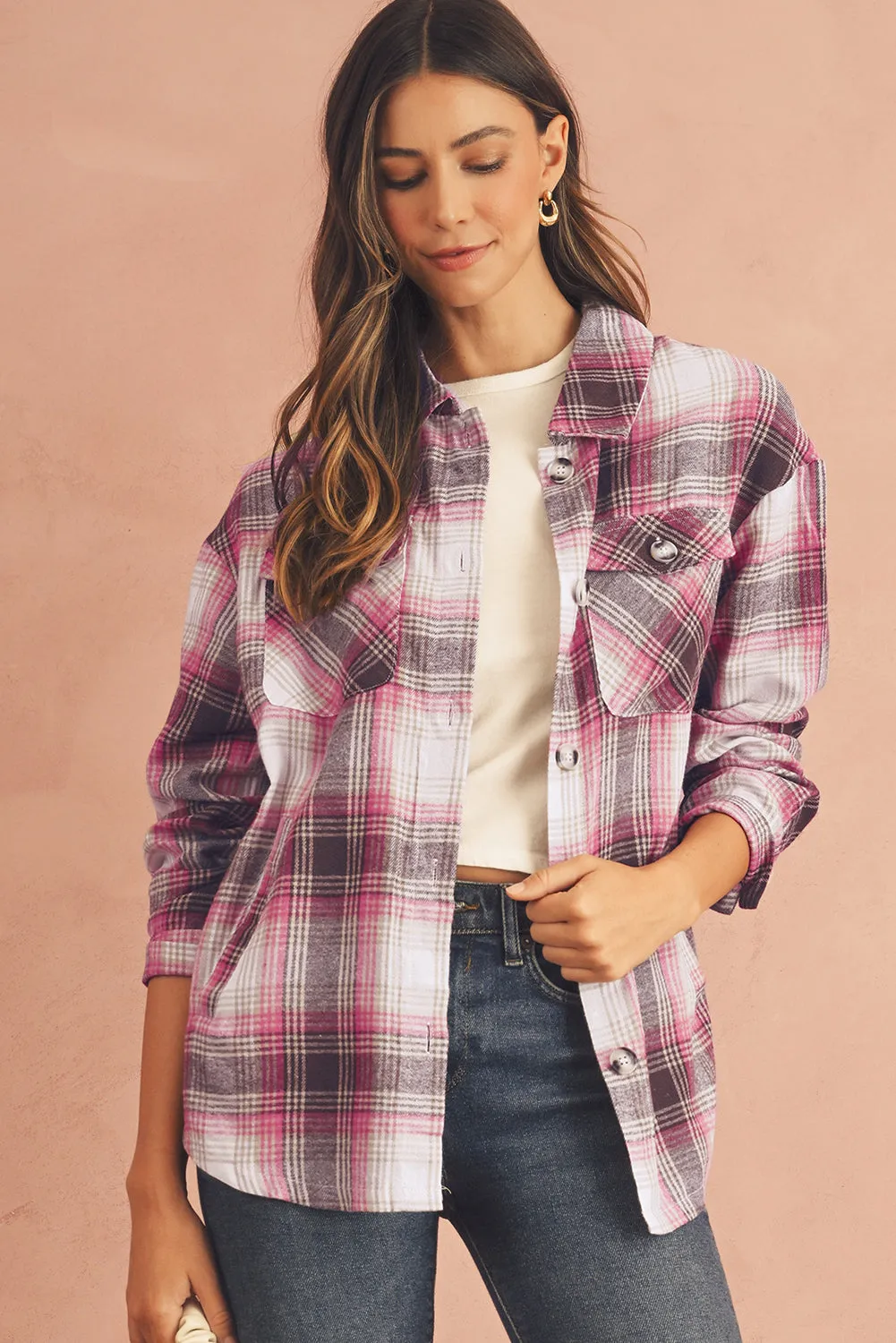 Pink Plaid Flap Pocket Button Up Shacket