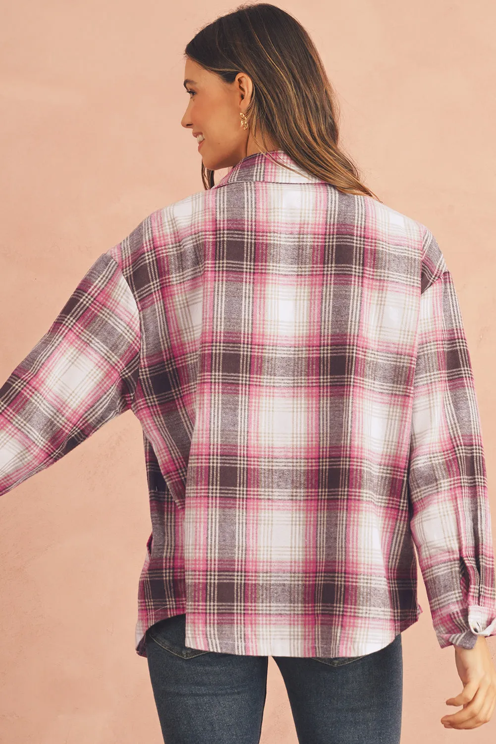 Pink Plaid Flap Pocket Button Up Shacket