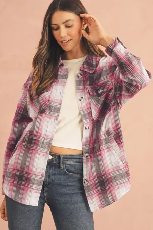 Pink Plaid Flap Pocket Button Up Shacket