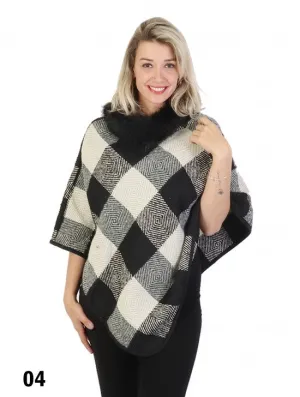 Plaid & Abstract Poncho W/ Fur Collar