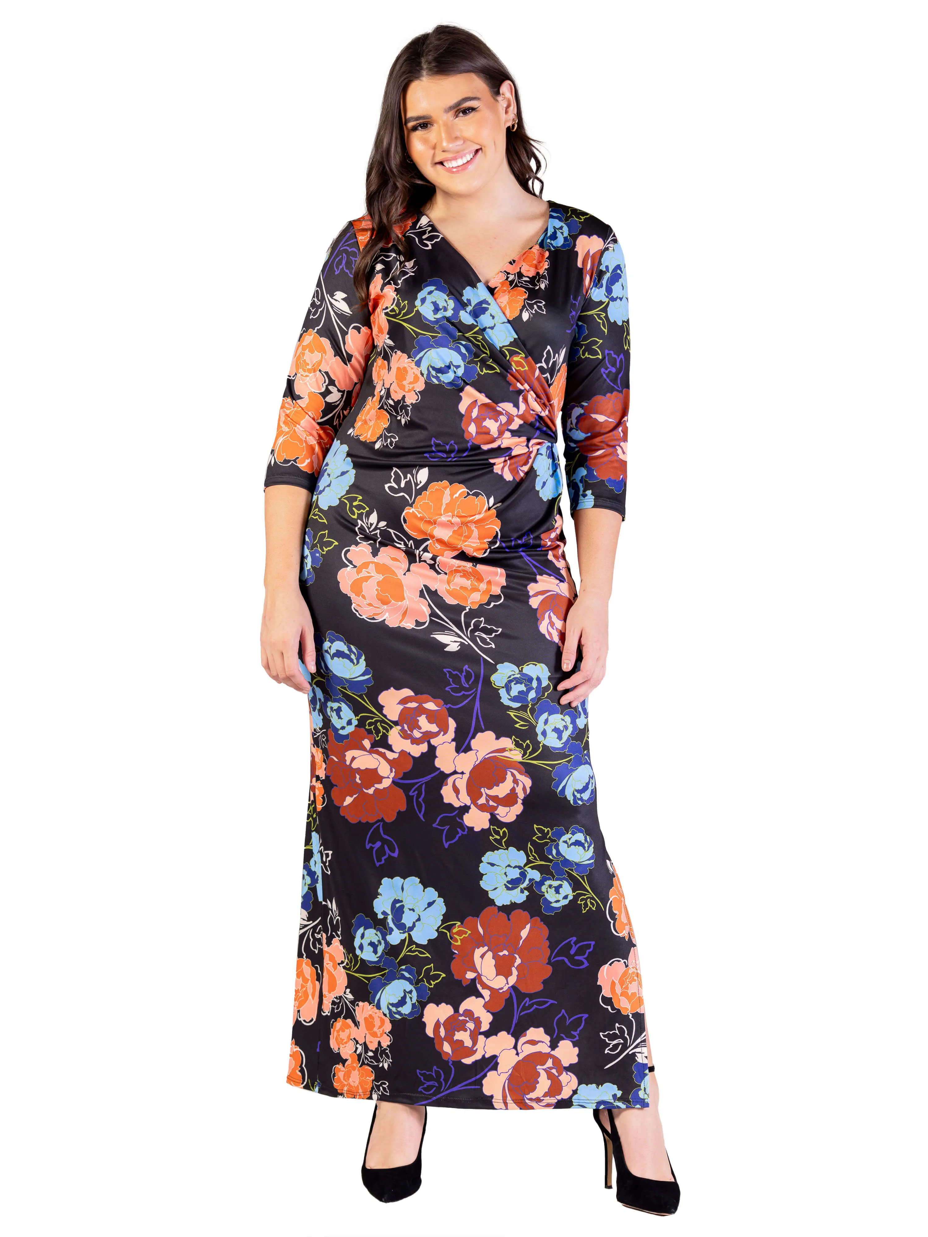 Plus Size Black Floral Three Quarter Sleeve Side Slit Maxi Dress