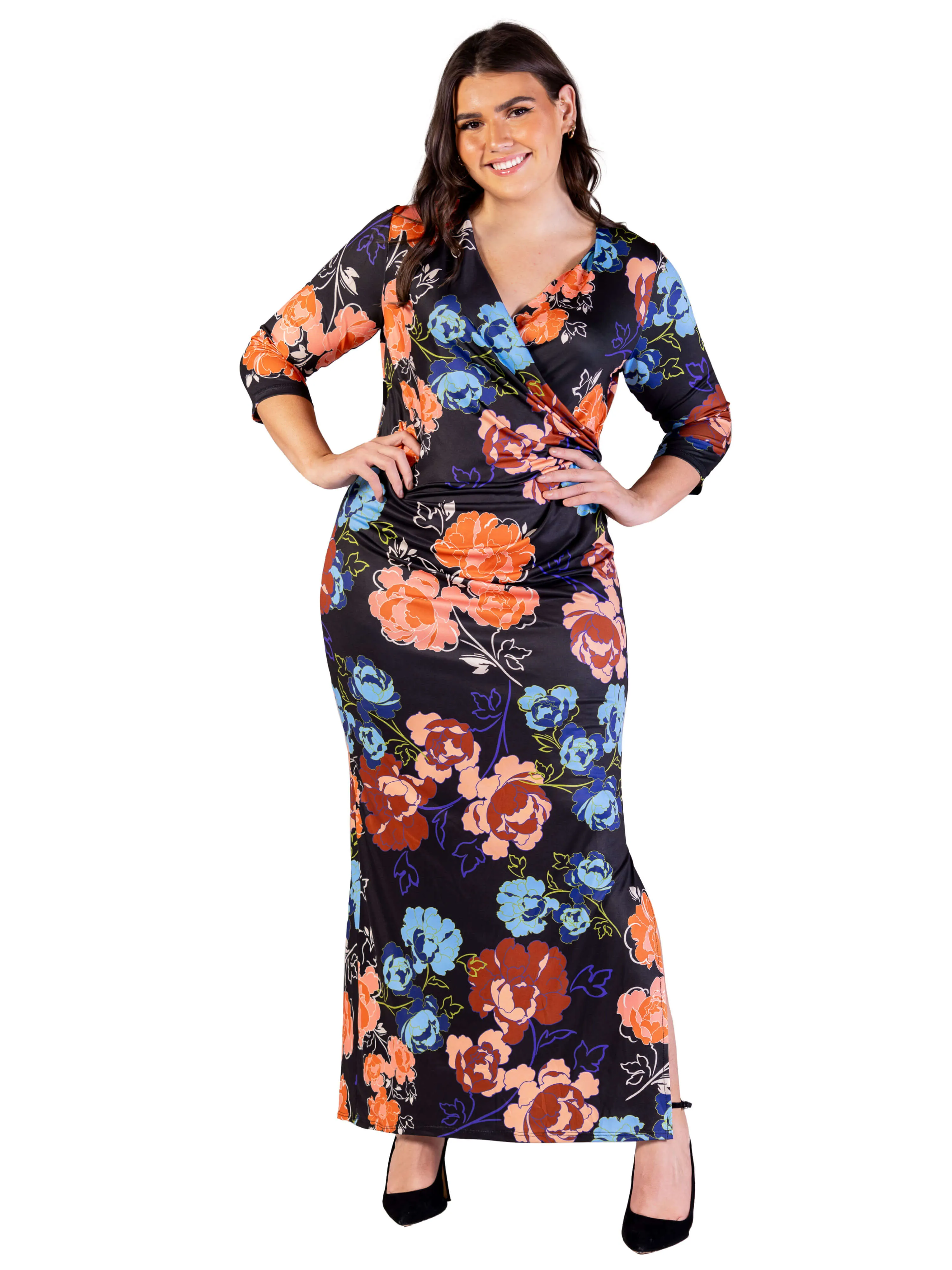 Plus Size Black Floral Three Quarter Sleeve Side Slit Maxi Dress