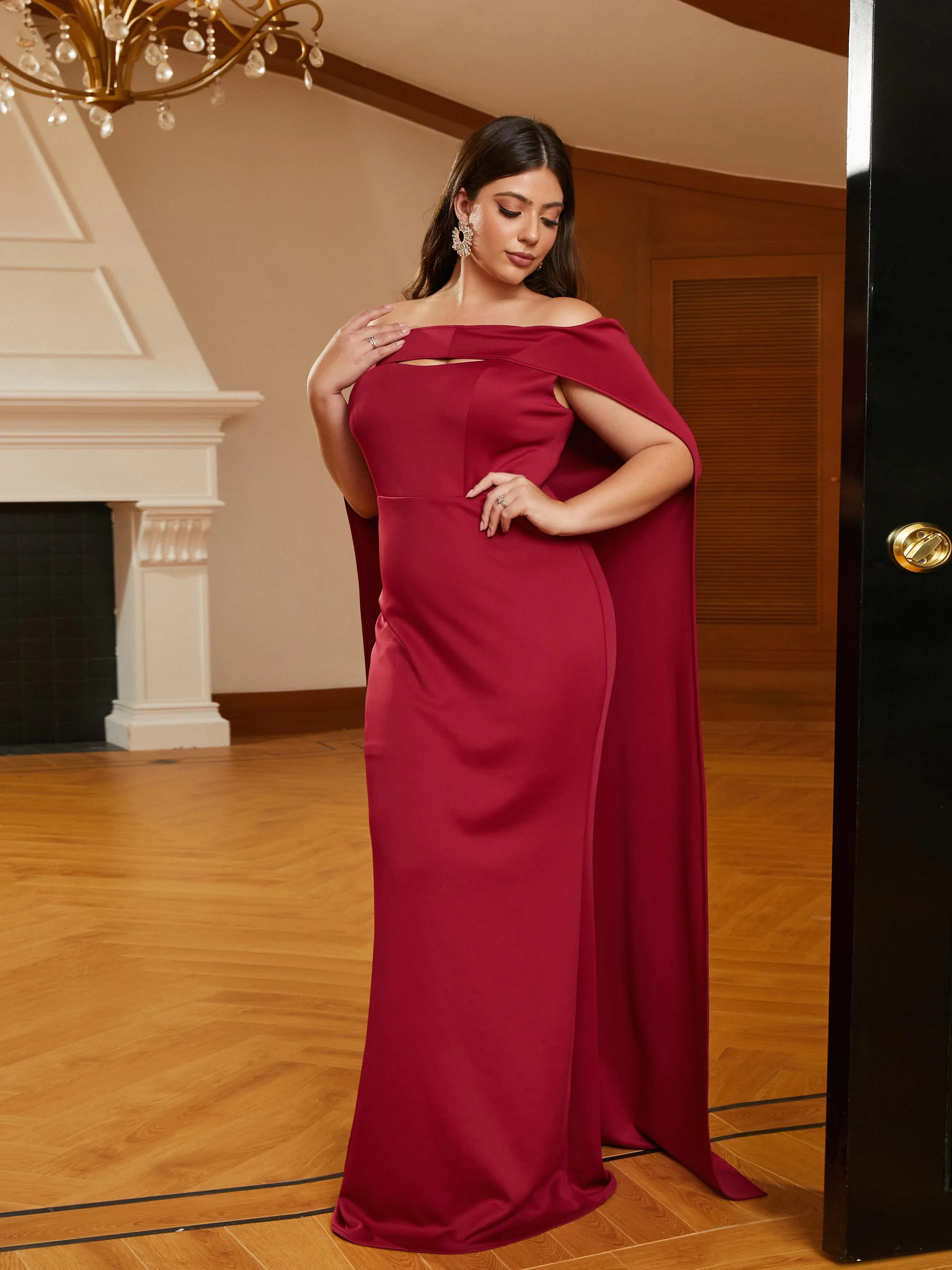 Plus Size Cape Sleeve Cutout Red Wedding Guest Dress PRJ10959