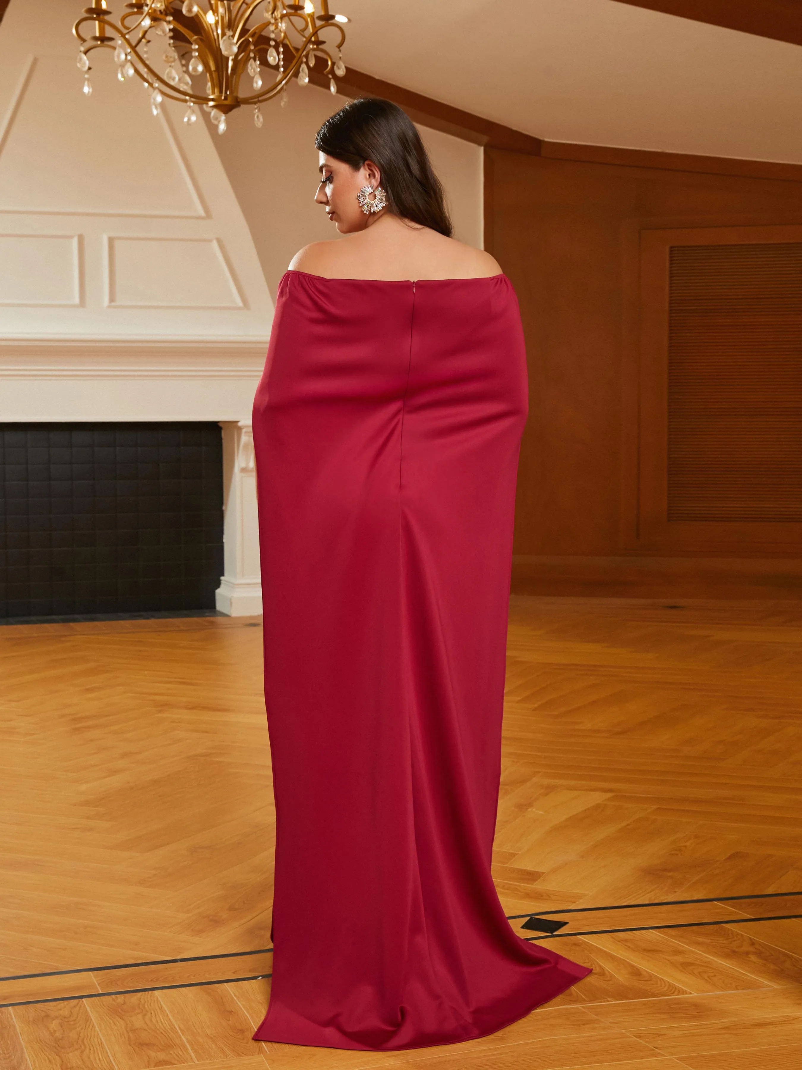 Plus Size Cape Sleeve Cutout Red Wedding Guest Dress PRJ10959