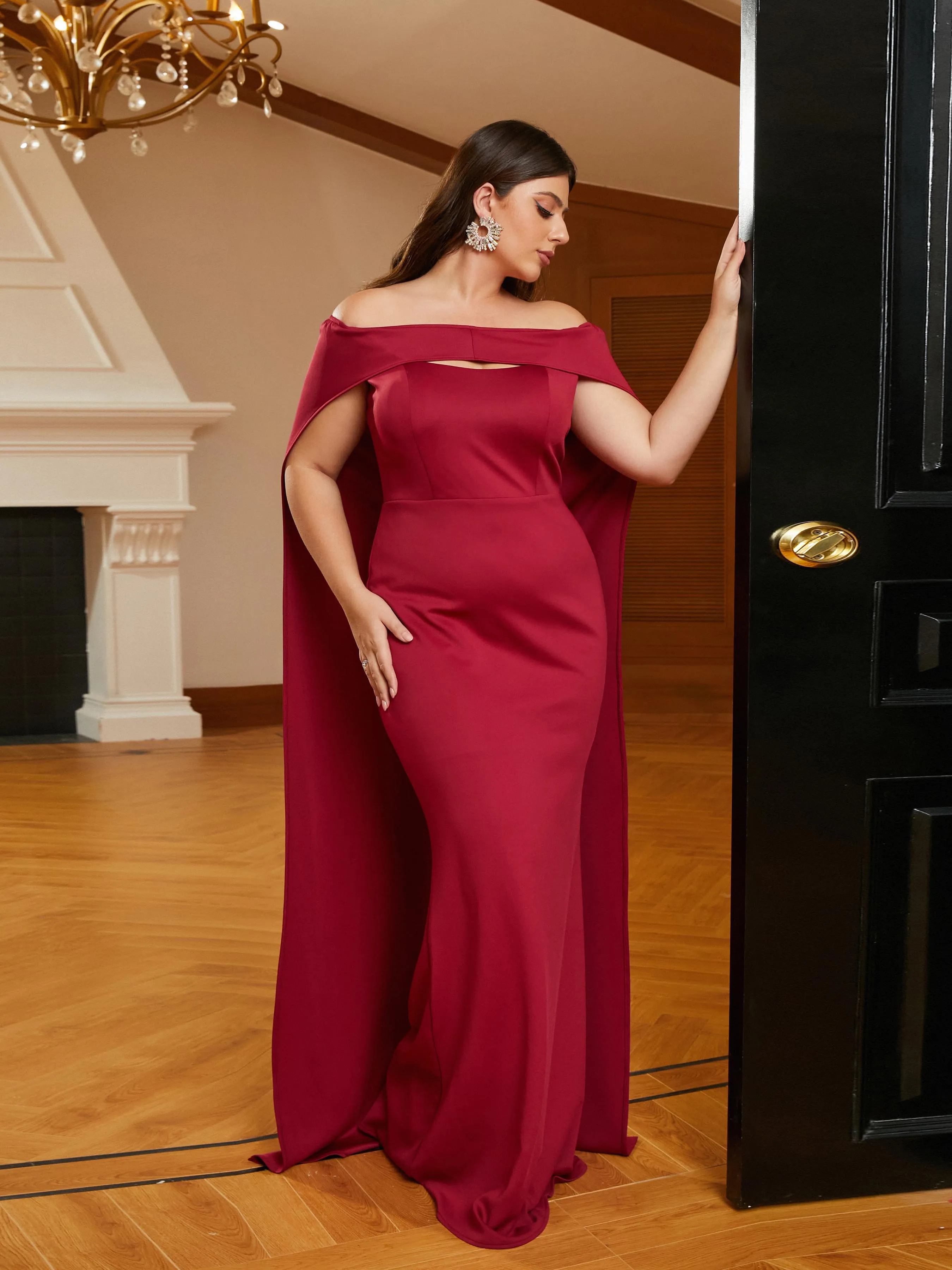 Plus Size Cape Sleeve Cutout Red Wedding Guest Dress PRJ10959