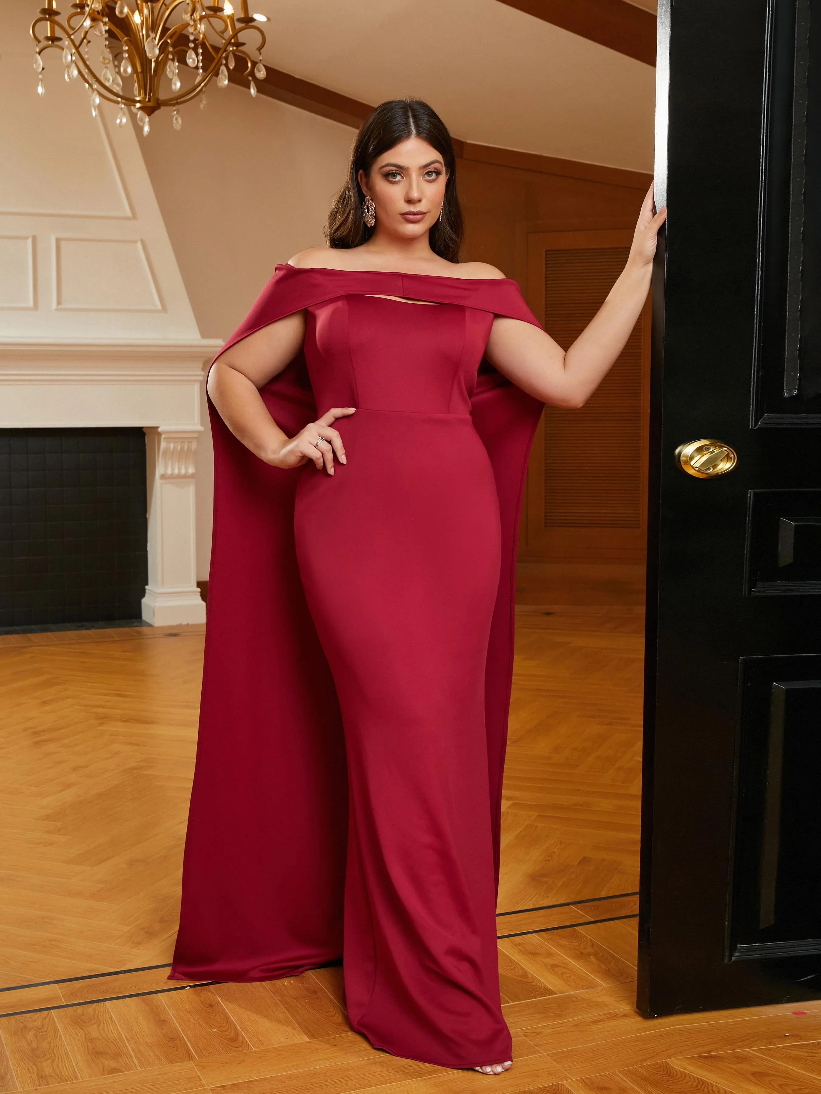 Plus Size Cape Sleeve Cutout Red Wedding Guest Dress PRJ10959