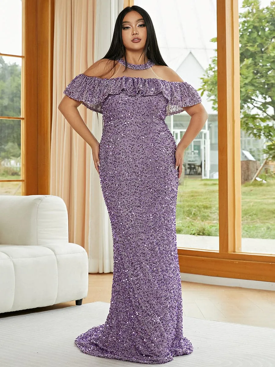 Plus Size Cold Shoulder Sequin Evening Dress PJMH3144