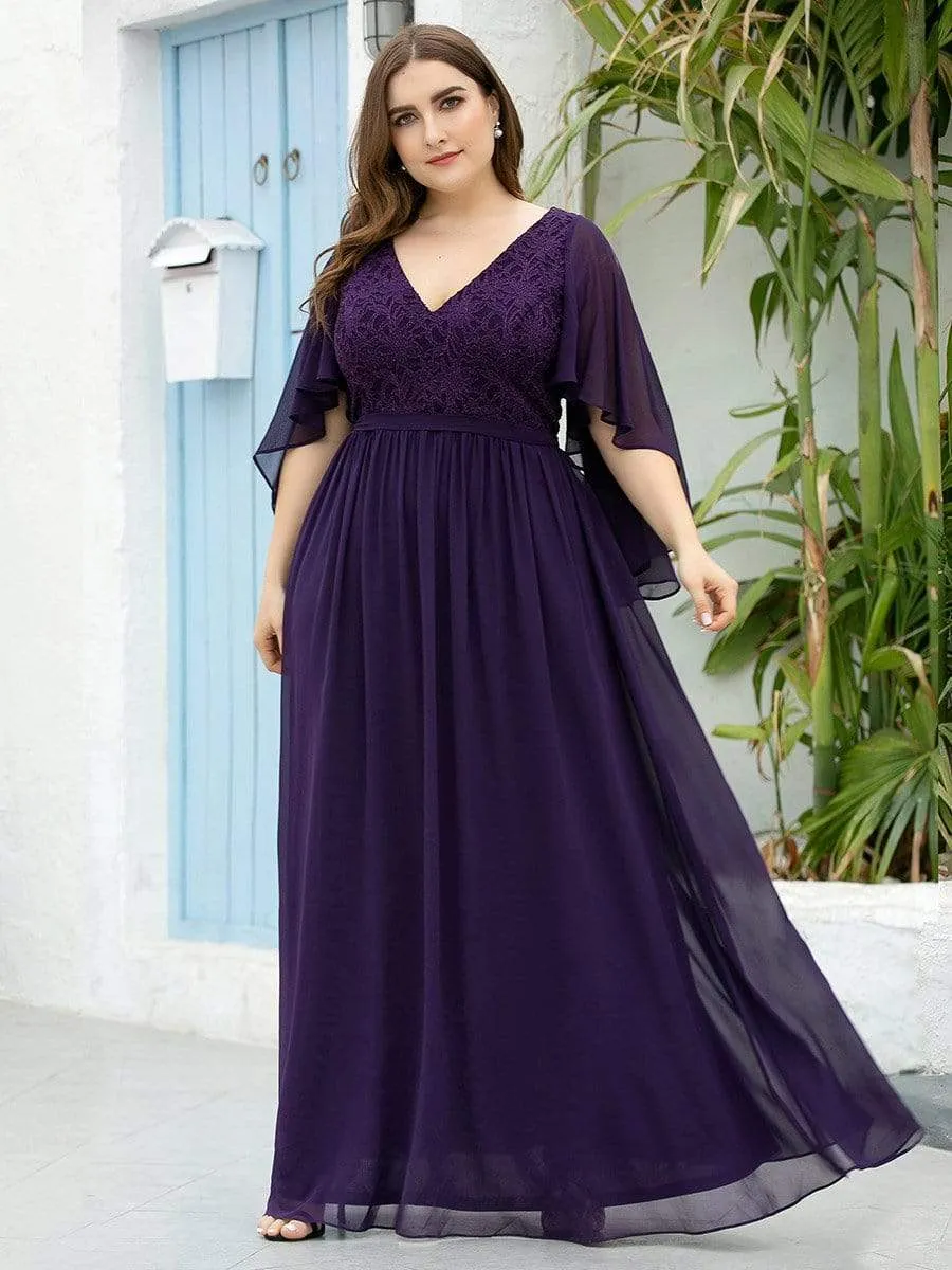 Plus Size Deep V Neck Lace Bodice Long Flowy Evening Dress