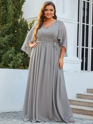 Plus Size Deep V Neck Lace Bodice Long Flowy Evening Dress