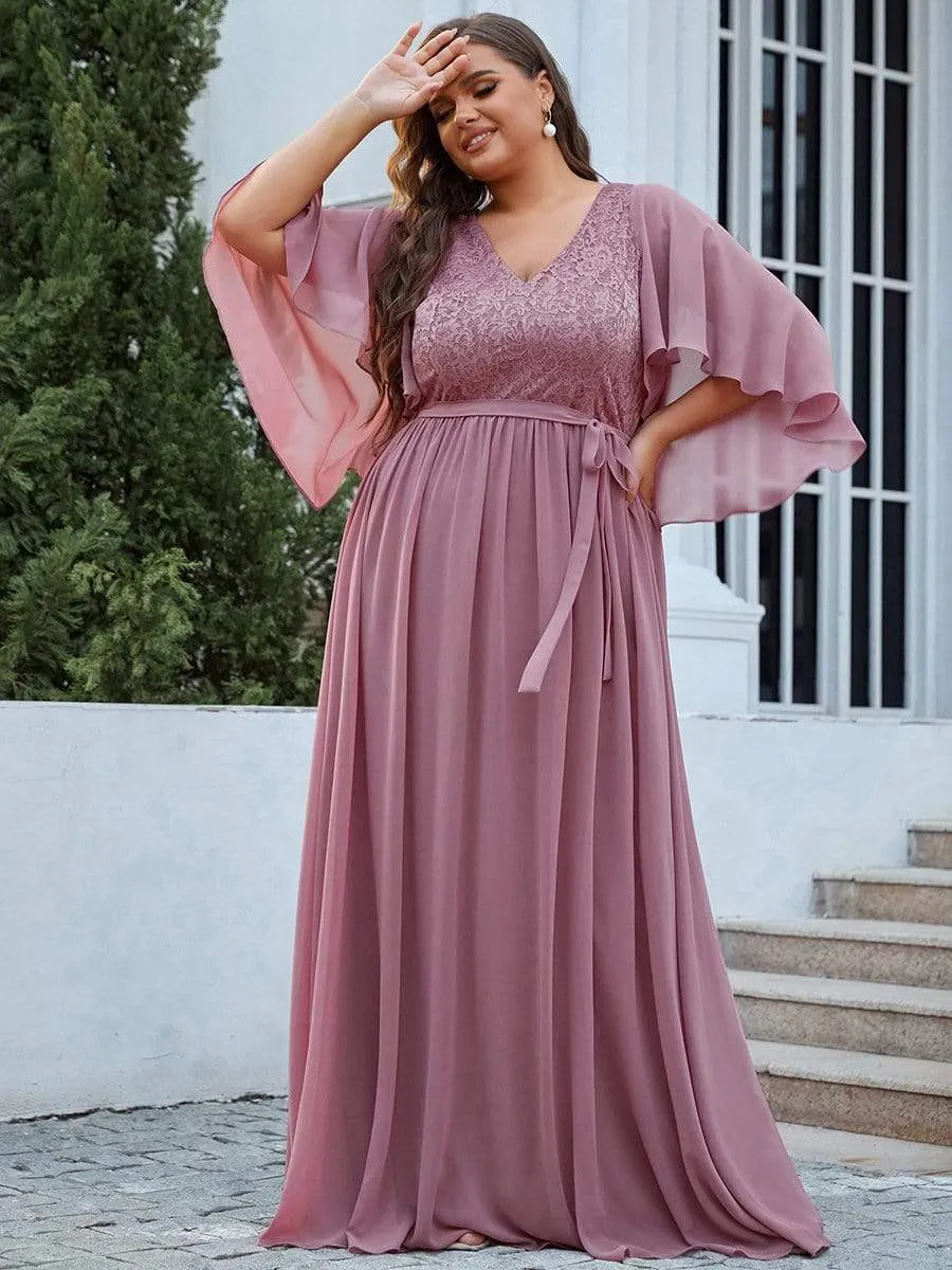 Plus Size Deep V Neck Lace Bodice Long Flowy Evening Dress