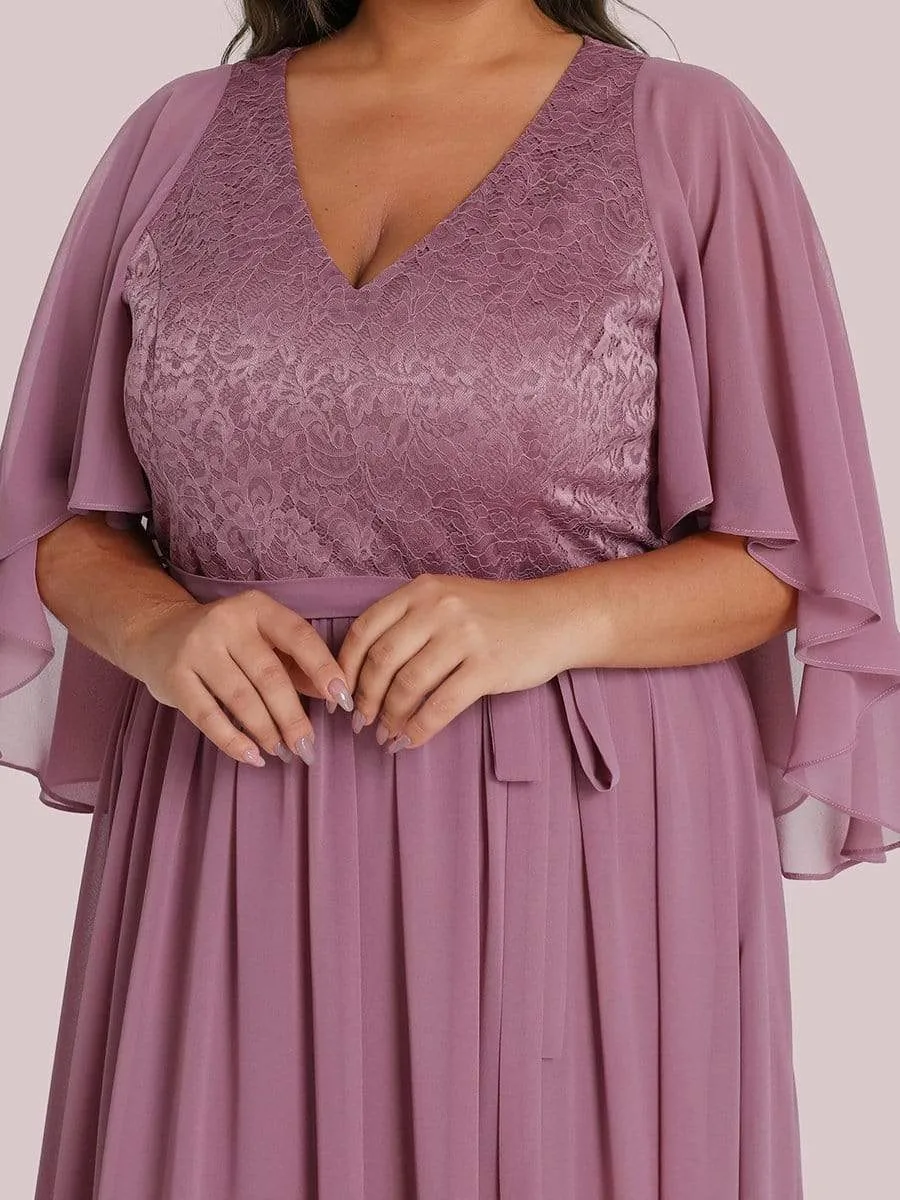 Plus Size Deep V Neck Lace Bodice Long Flowy Evening Dress