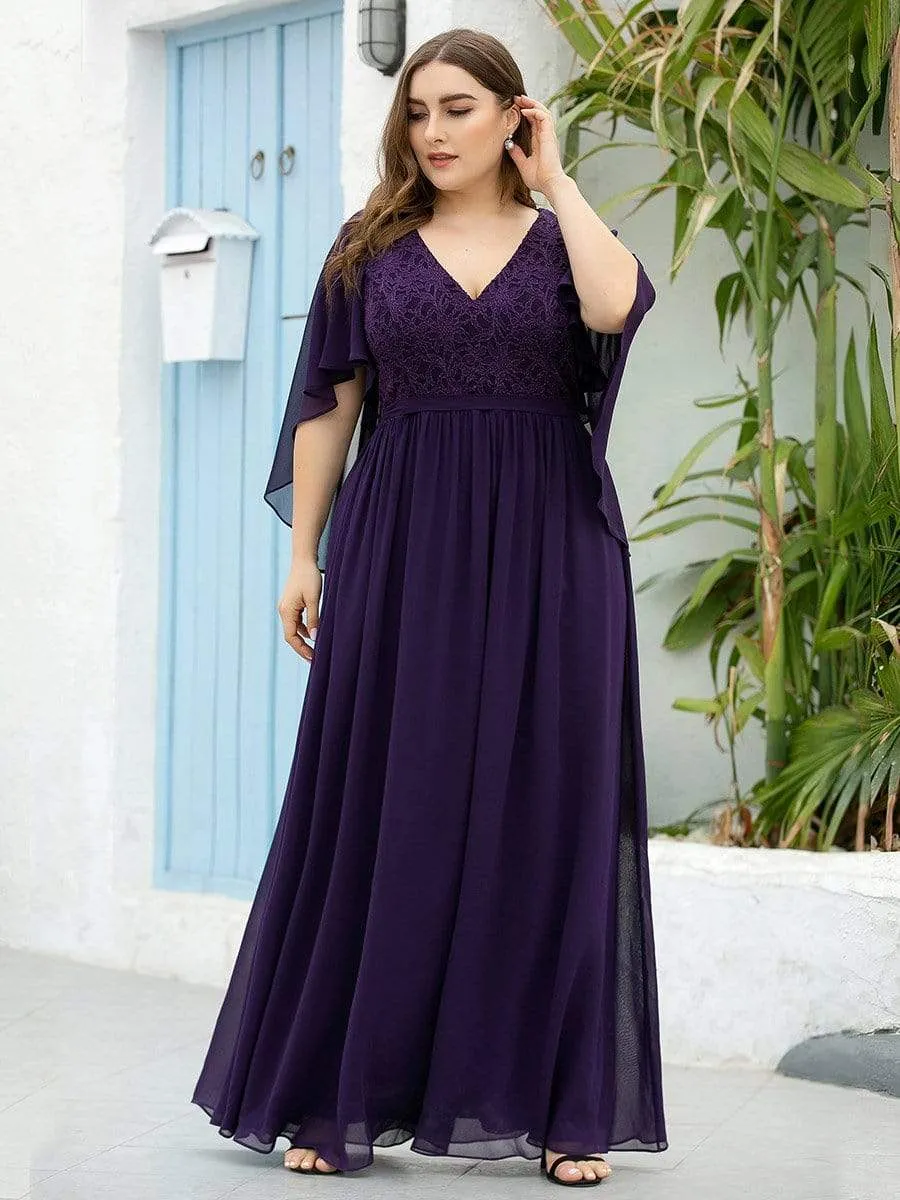 Plus Size Deep V Neck Lace Bodice Long Flowy Evening Dress