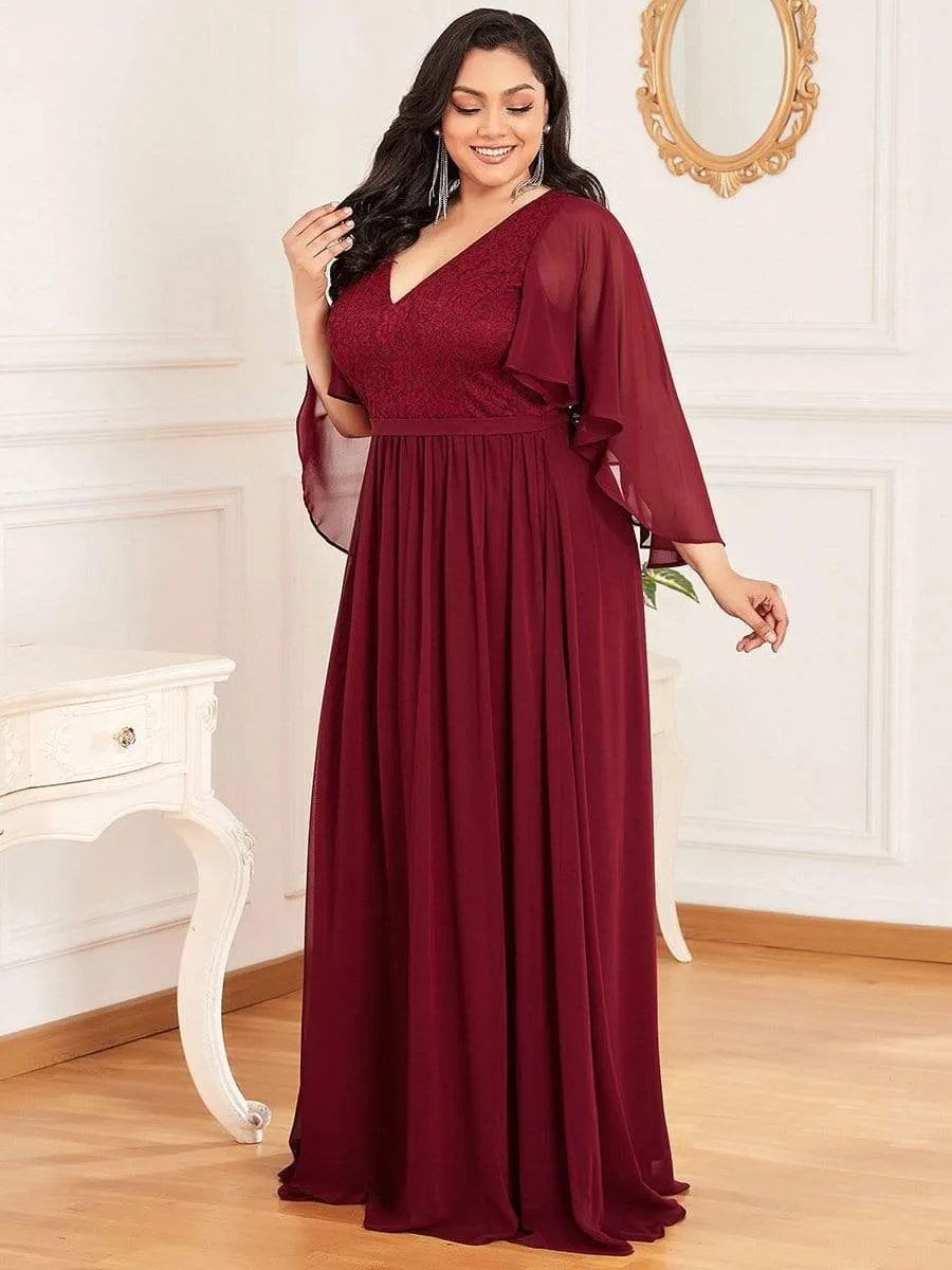 Plus Size Deep V Neck Lace Bodice Long Flowy Evening Dress