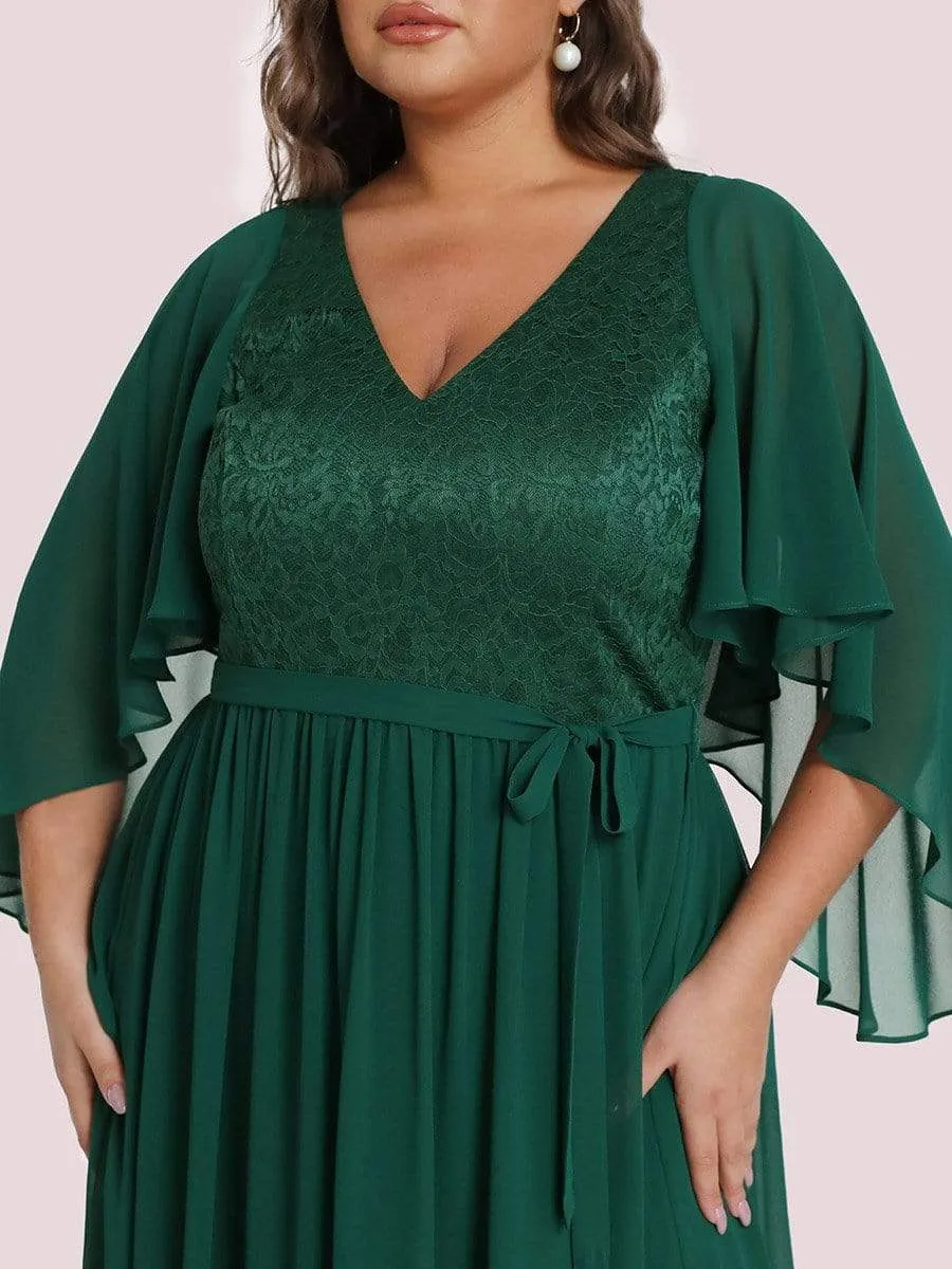 Plus Size Deep V Neck Lace Bodice Long Flowy Evening Dress